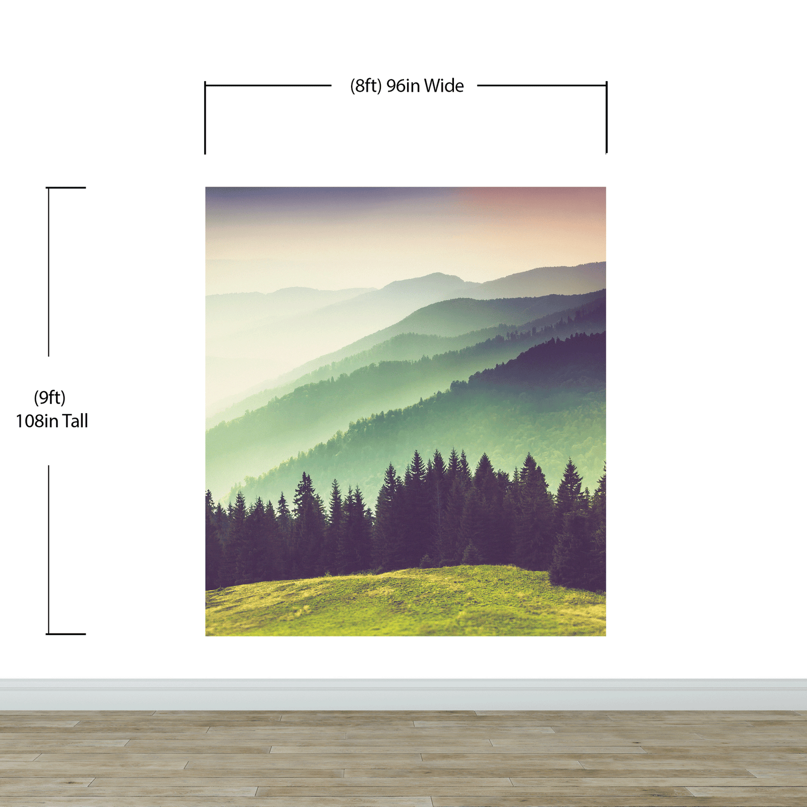 Mural de pared con vista al bosque de montaña con niebla colorida | Papel tapiz autoadhesivo. #6159
