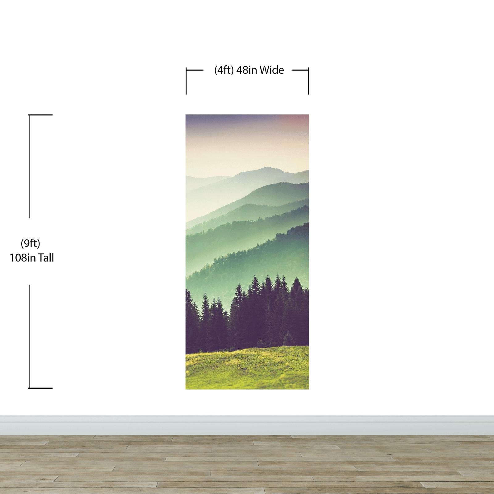 Mural de pared con vista al bosque de montaña con niebla colorida | Papel tapiz autoadhesivo. #6159