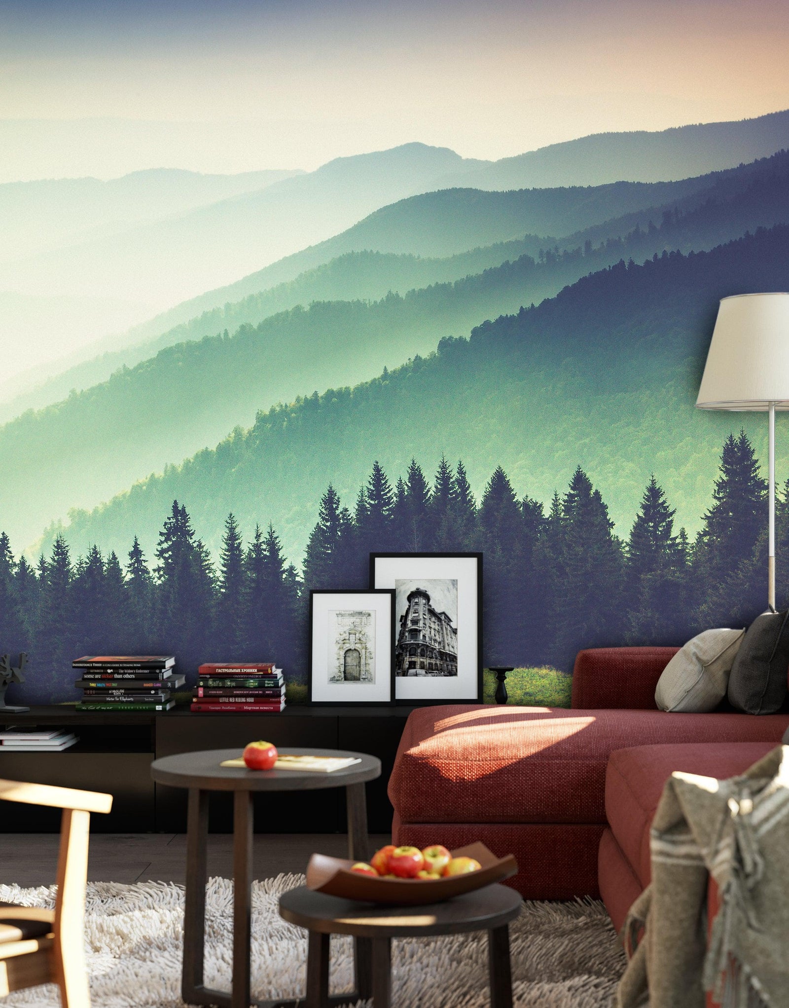 Mural de pared con vista al bosque de montaña con niebla colorida | Papel tapiz autoadhesivo. #6159