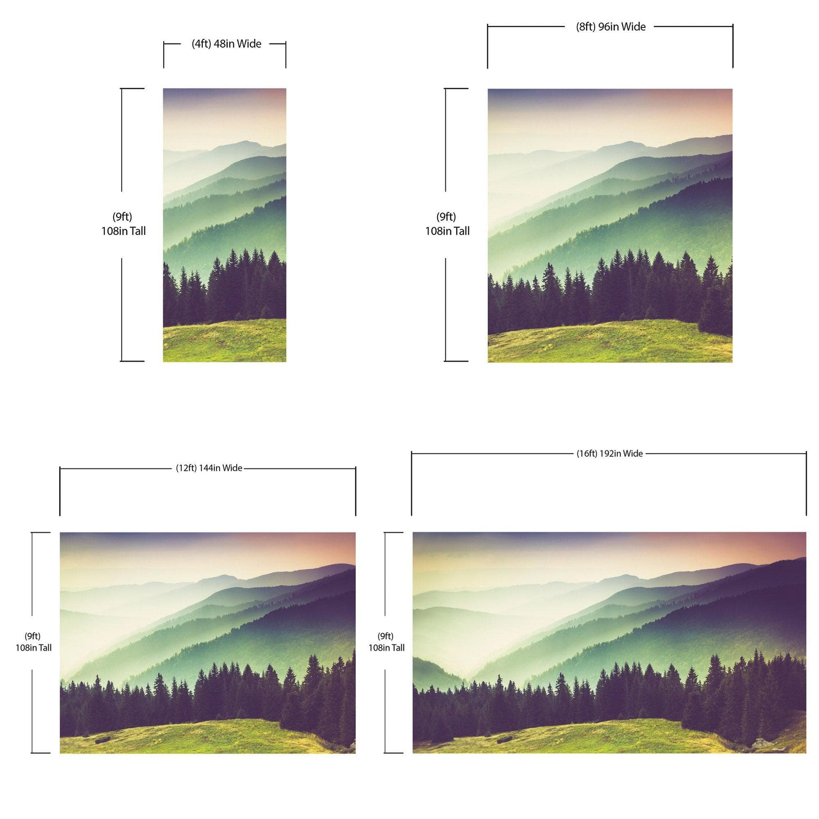 Mural de pared con vista al bosque de montaña con niebla colorida | Papel tapiz autoadhesivo. #6159