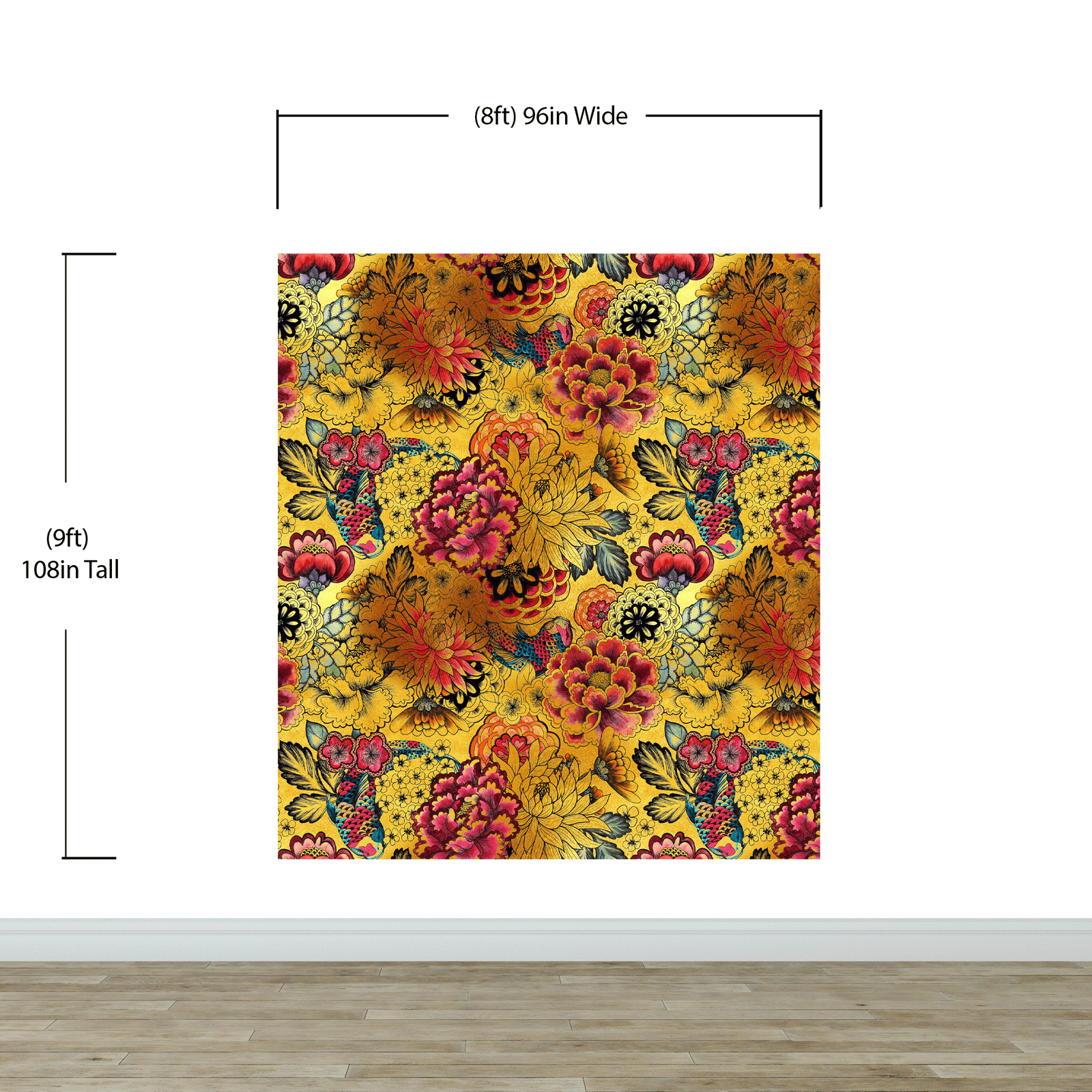 Japanese Art Koi Fish Peel and Stick Wallpaper. Gold Flowers Background.  Removable Wall Mural #6192