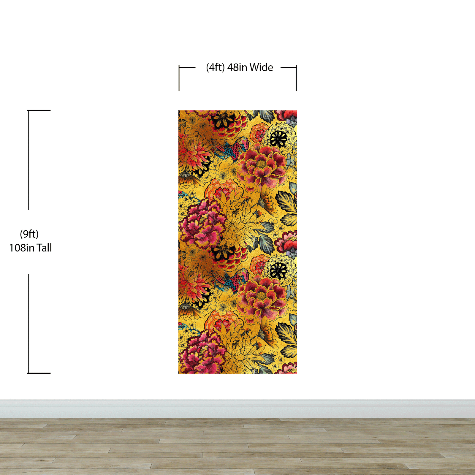 Japanese Art Koi Fish Peel and Stick Wallpaper. Gold Flowers Background.  Removable Wall Mural #6192
