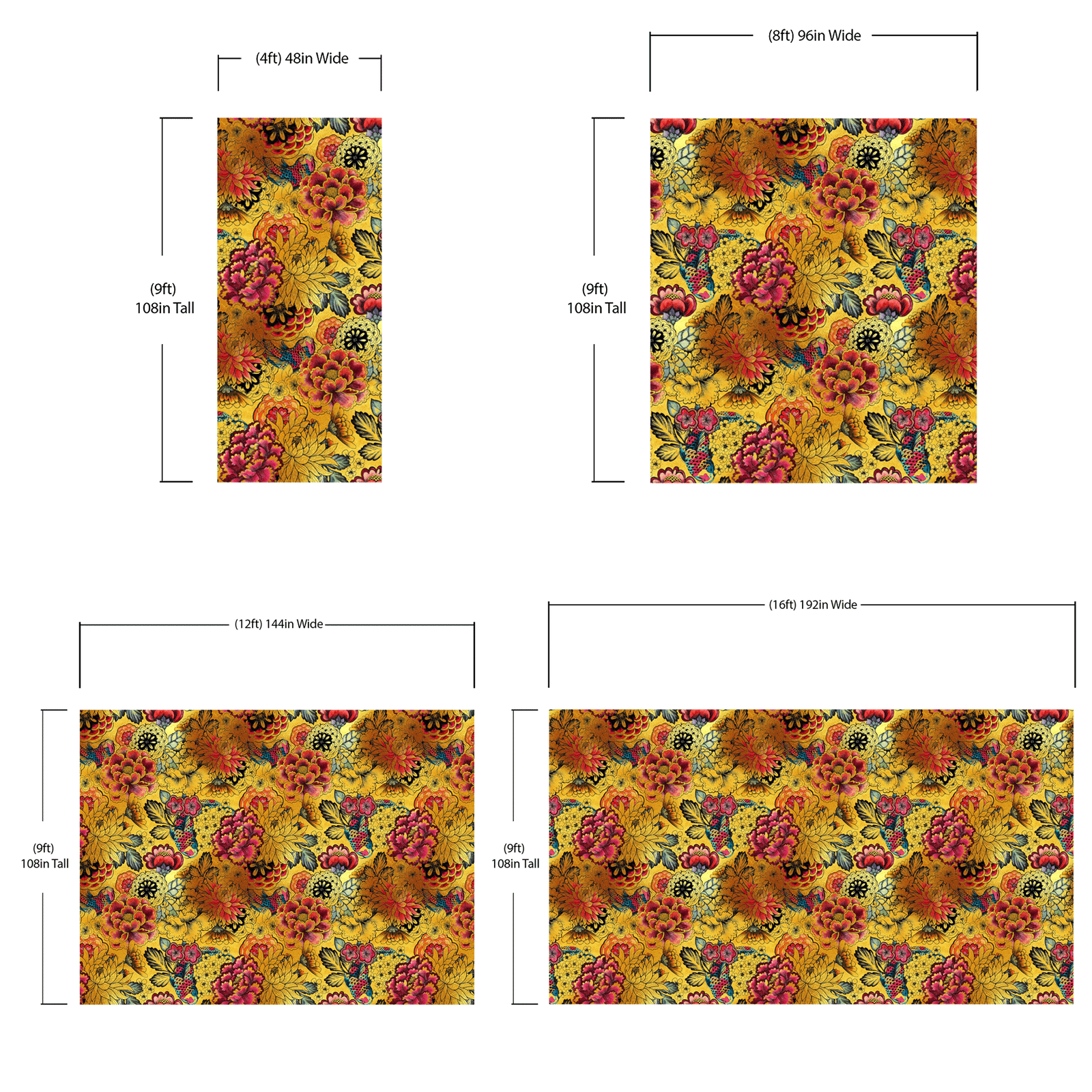 Japanese Art Koi Fish Peel and Stick Wallpaper. Gold Flowers Background.  Removable Wall Mural #6192