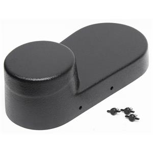 Black plastic component with screws on a white background