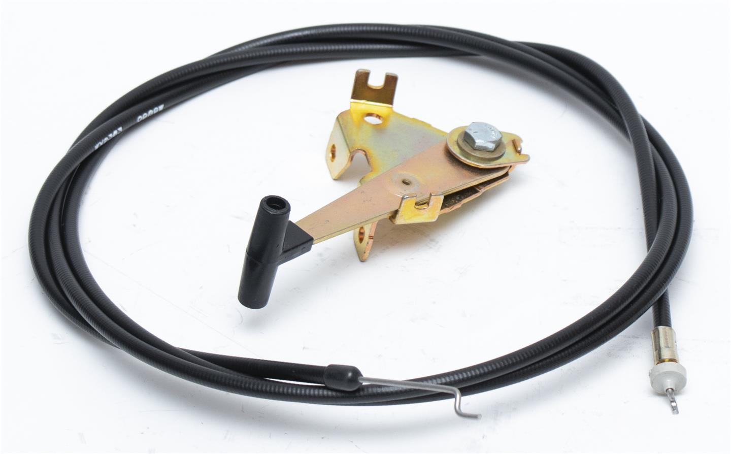 Mechanical cable with a gold and black connector on a white background
