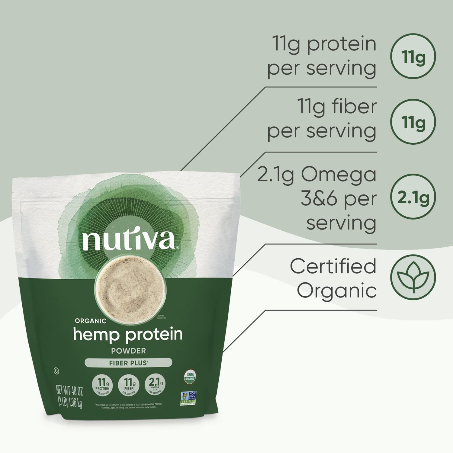 Proteína de cáñamo orgánica Nutiva con alto contenido de fibra, 3 libras