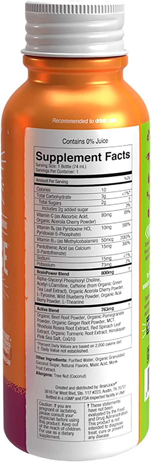 Brain Juice Pre-Entrenamiento - Shots Activos de Granada y Açaí (Paquete de 12 - 2.5 oz)