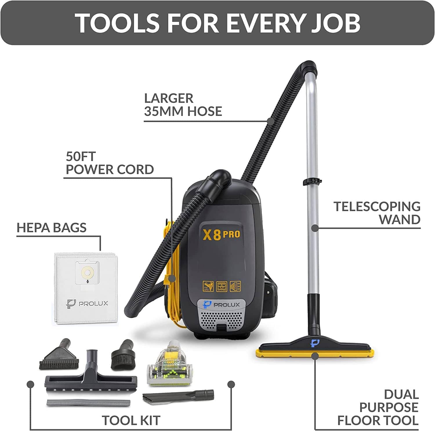 Prolux X8 Pro Commercial Backpack Vacuum w/ Deluxe 1 1/2
