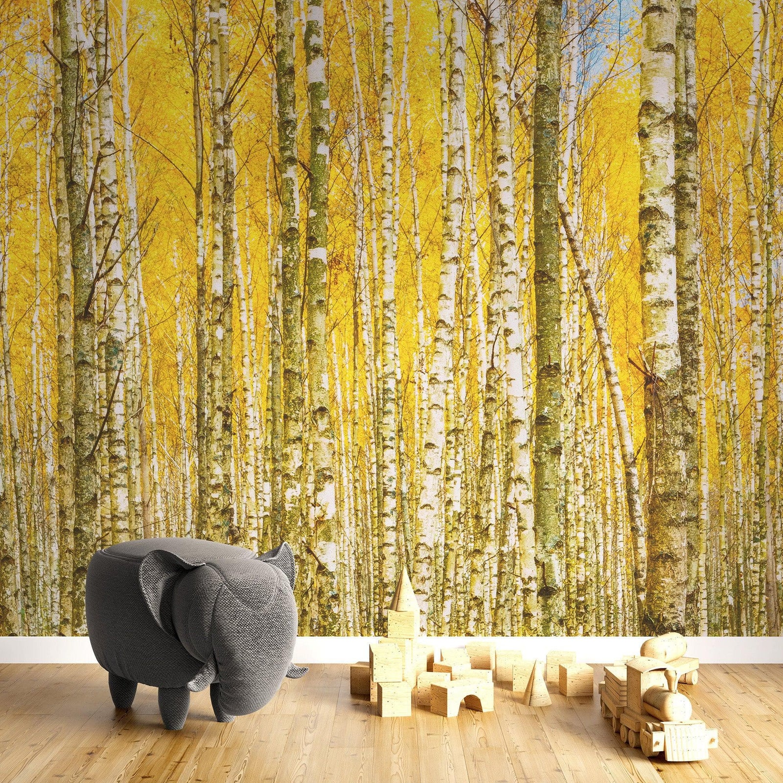 Mural de pared con bosque de abedules y paisaje otoñal | Papel pintado autoadhesivo. #6202