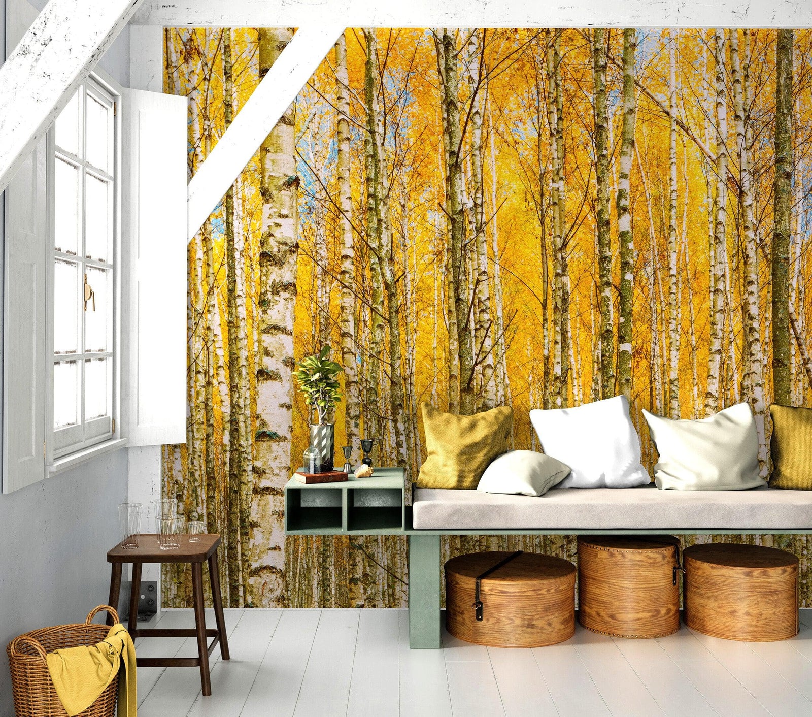Mural de pared con bosque de abedules y paisaje otoñal | Papel pintado autoadhesivo. #6202