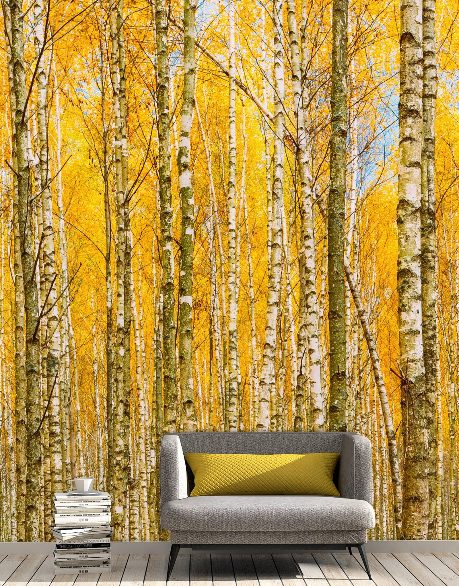 Mural de pared con bosque de abedules y paisaje otoñal | Papel pintado autoadhesivo. #6202
