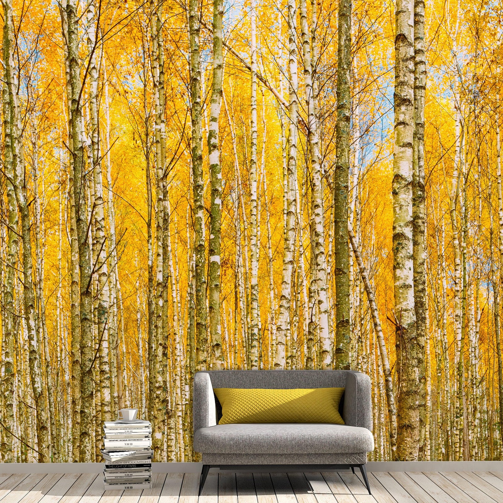Mural de pared con bosque de abedules y paisaje otoñal | Papel pintado autoadhesivo. #6202