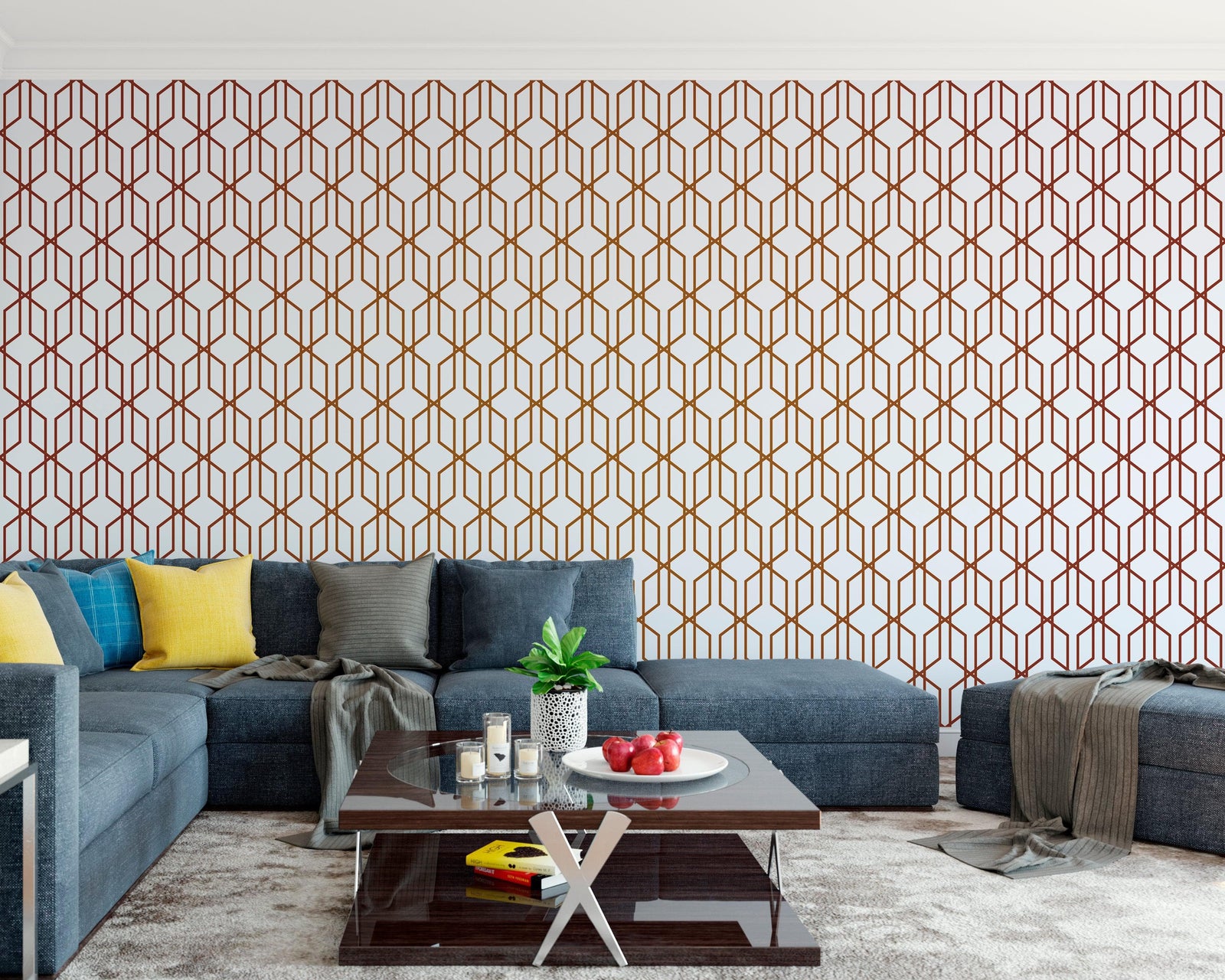 Papel tapiz autoadhesivo con líneas de bronce hexagonales en 3D y formas geométricas modernas | Mural de pared extraíble n.° 6213