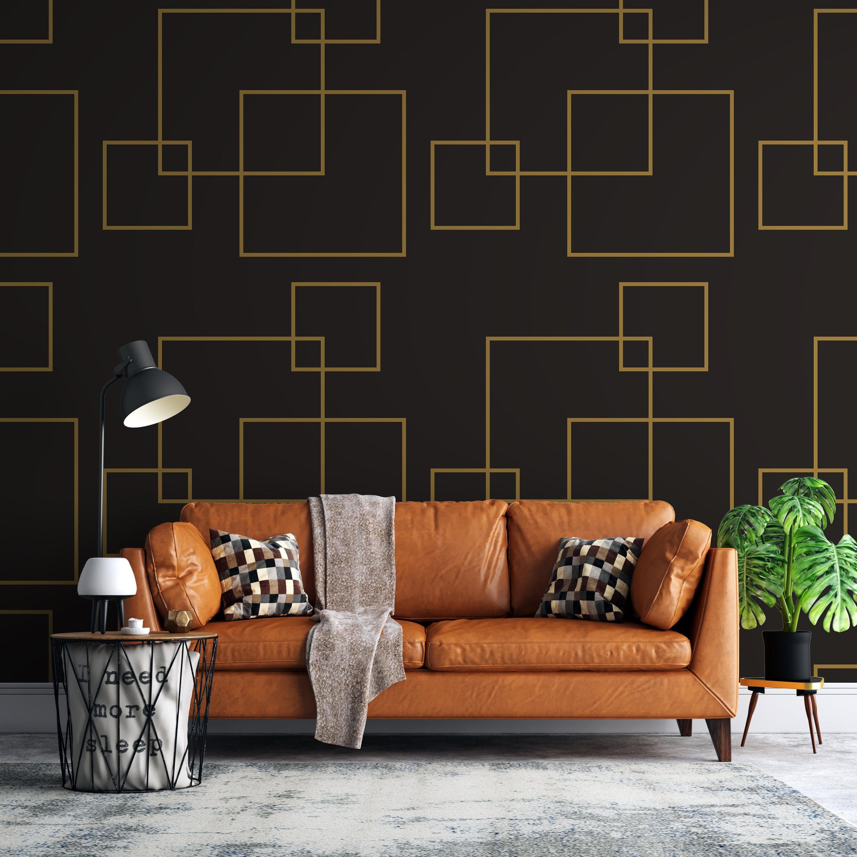 Dark Brown and Gold Square Geometric Pattern Peel and Stick Wallpaper | Removable Wall Mural #6215