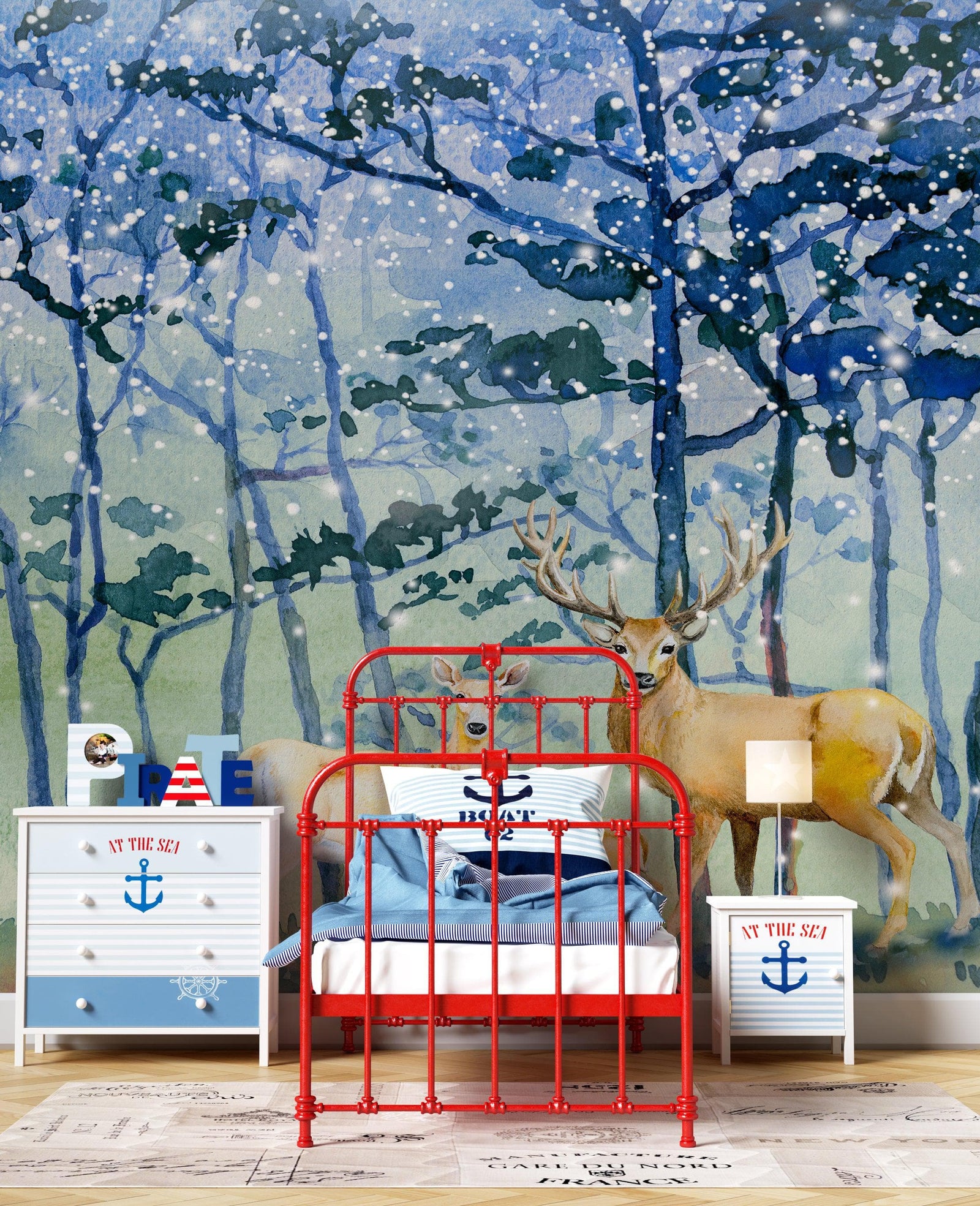 Deer Family in Snow Forest Peel and Stick Wallpaper | Removable Wall Mural. #6218