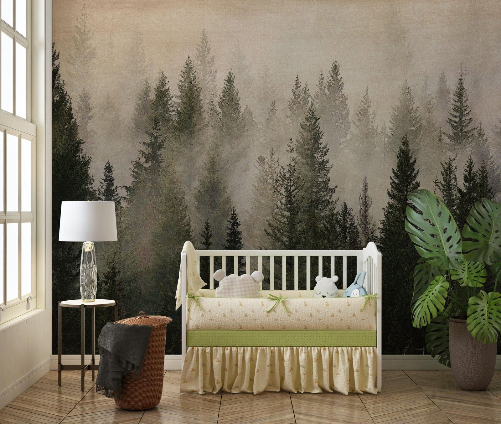 Papel tapiz con paisaje de bosque de pinos brumoso. Mural de pared autoadhesivo para decoración de pared de habitación infantil. N.º 6237