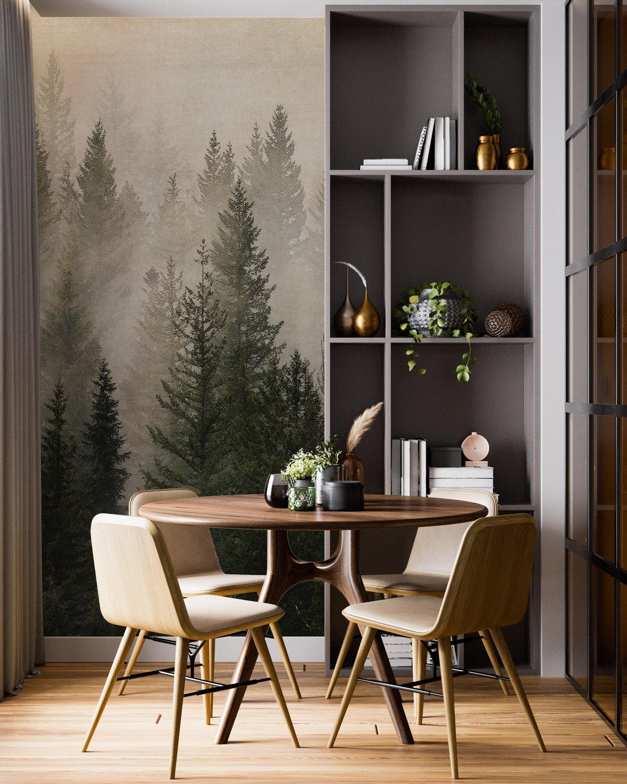 Papel tapiz con paisaje de bosque de pinos brumoso. Mural de pared autoadhesivo para decoración de pared de habitación infantil. N.º 6237