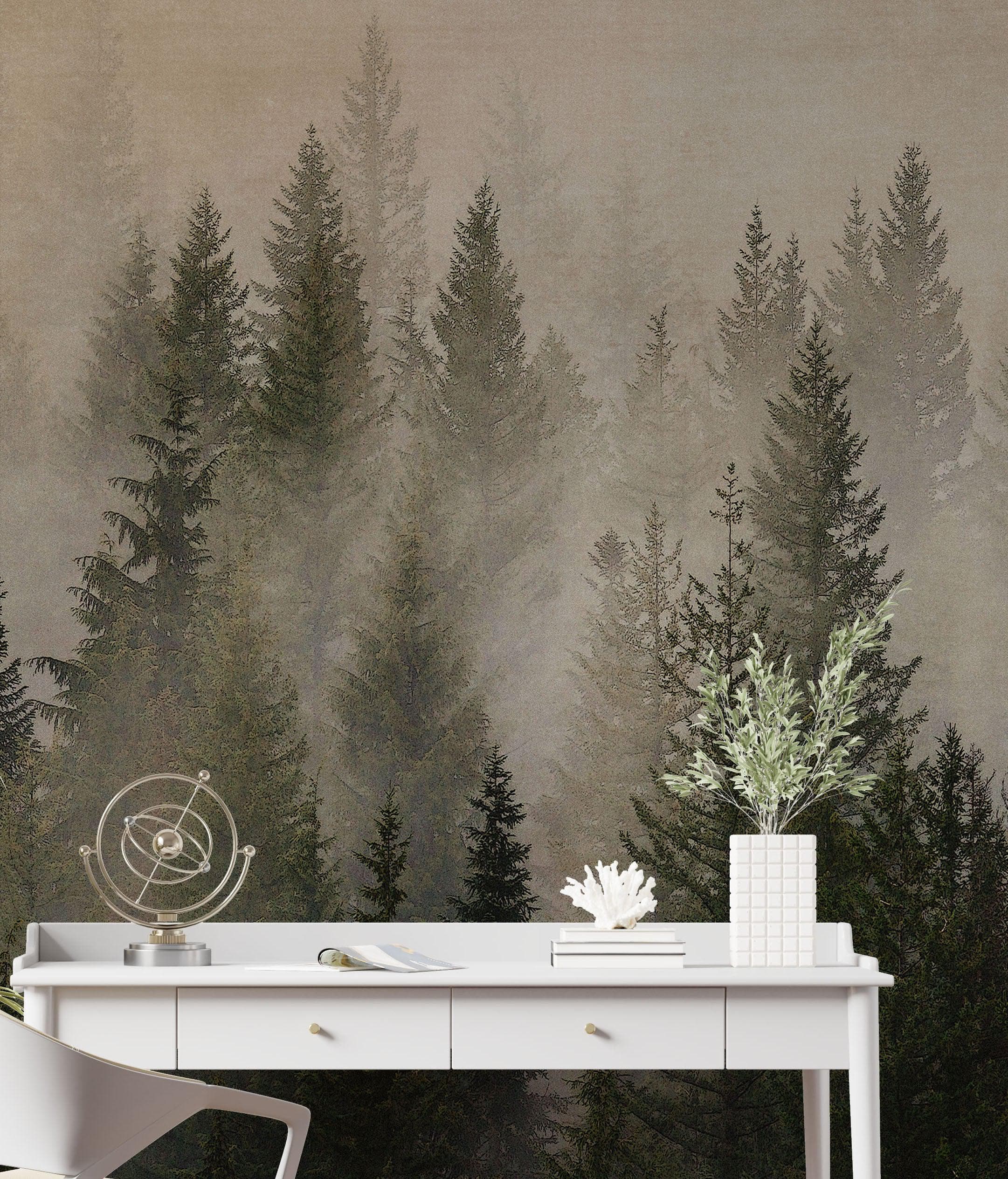 Papel tapiz con paisaje de bosque de pinos brumoso. Mural de pared autoadhesivo para decoración de pared de habitación infantil. N.º 6237