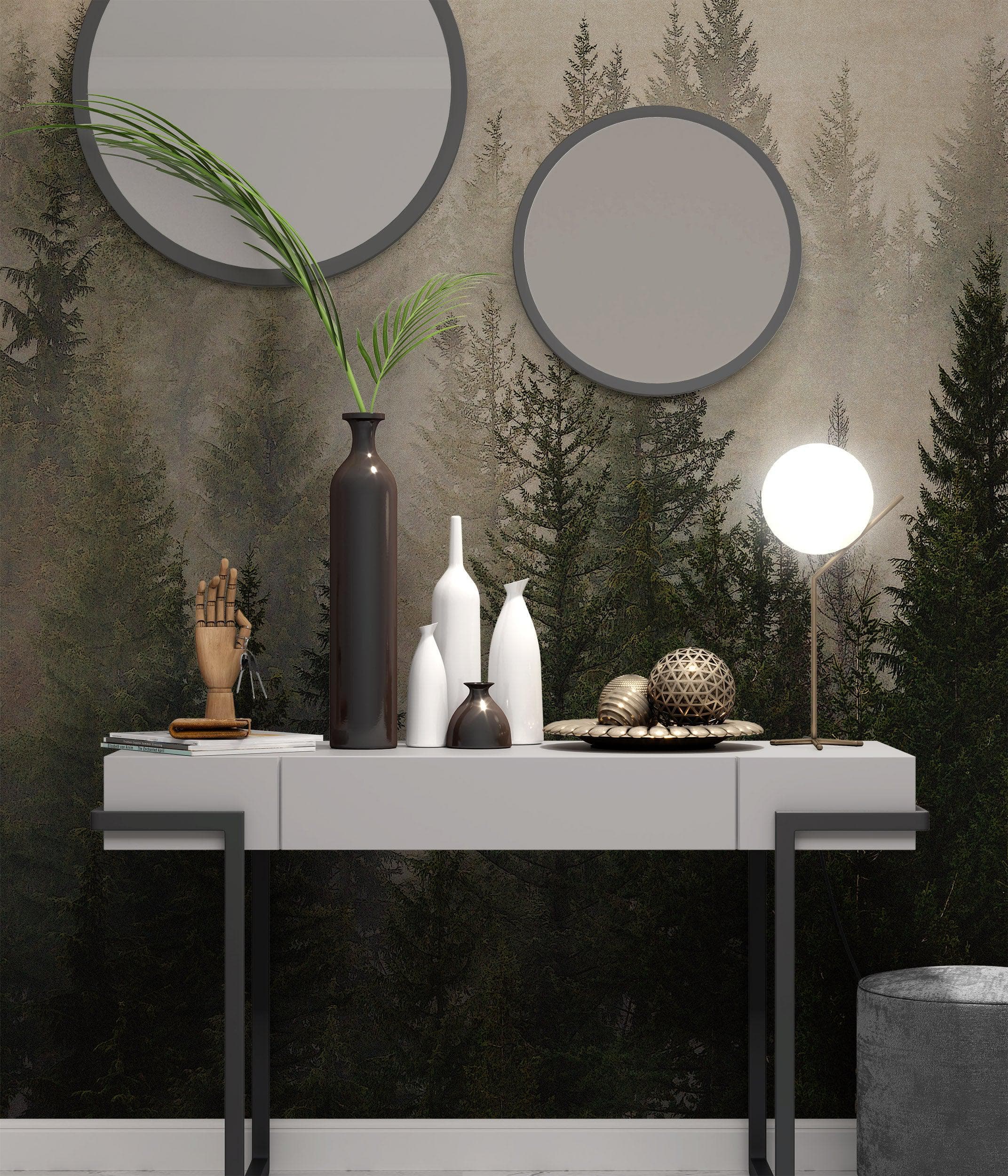 Papel tapiz con paisaje de bosque de pinos brumoso. Mural de pared autoadhesivo para decoración de pared de habitación infantil. N.º 6237