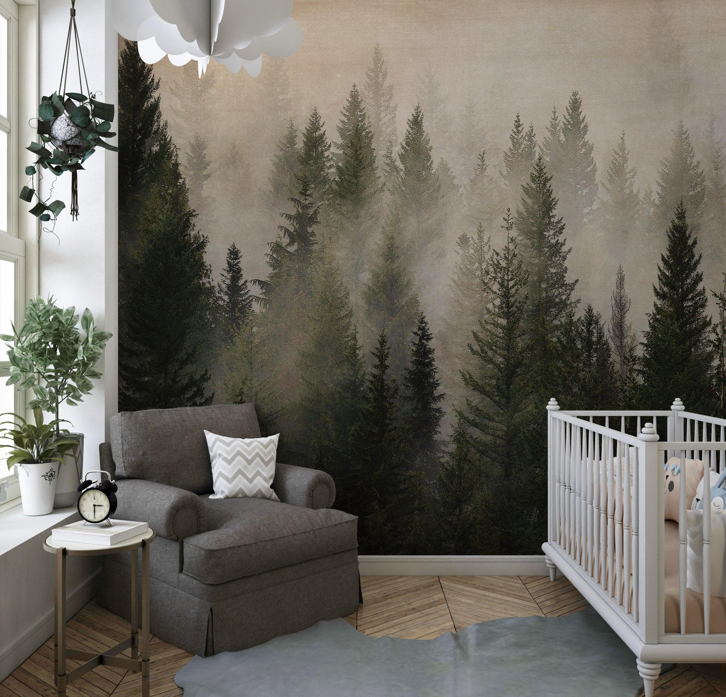 Papel tapiz con paisaje de bosque de pinos brumoso. Mural de pared autoadhesivo para decoración de pared de habitación infantil. N.º 6237
