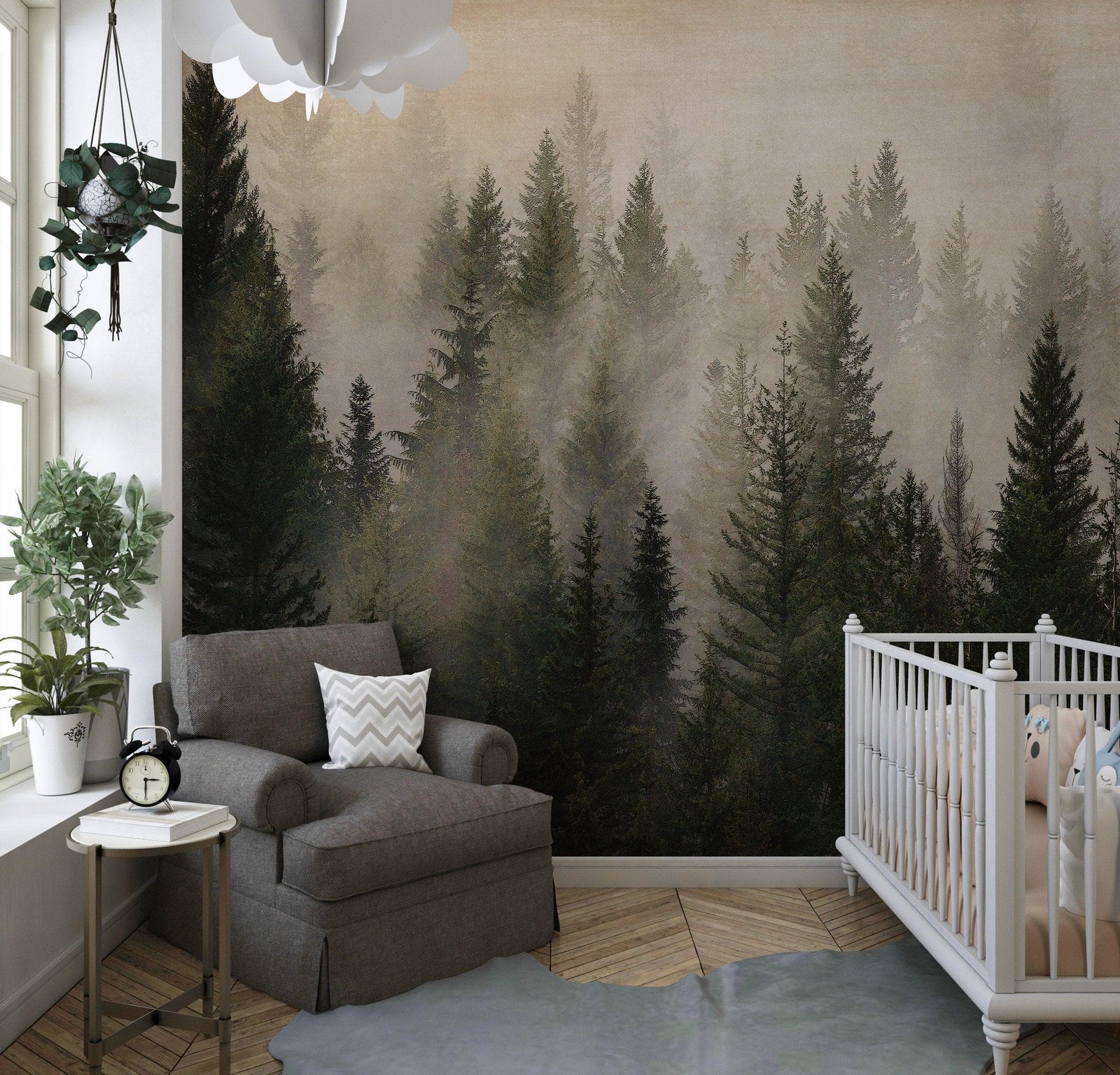 Papel tapiz con paisaje de bosque de pinos brumoso. Mural de pared autoadhesivo para decoración de pared de habitación infantil. N.º 6237