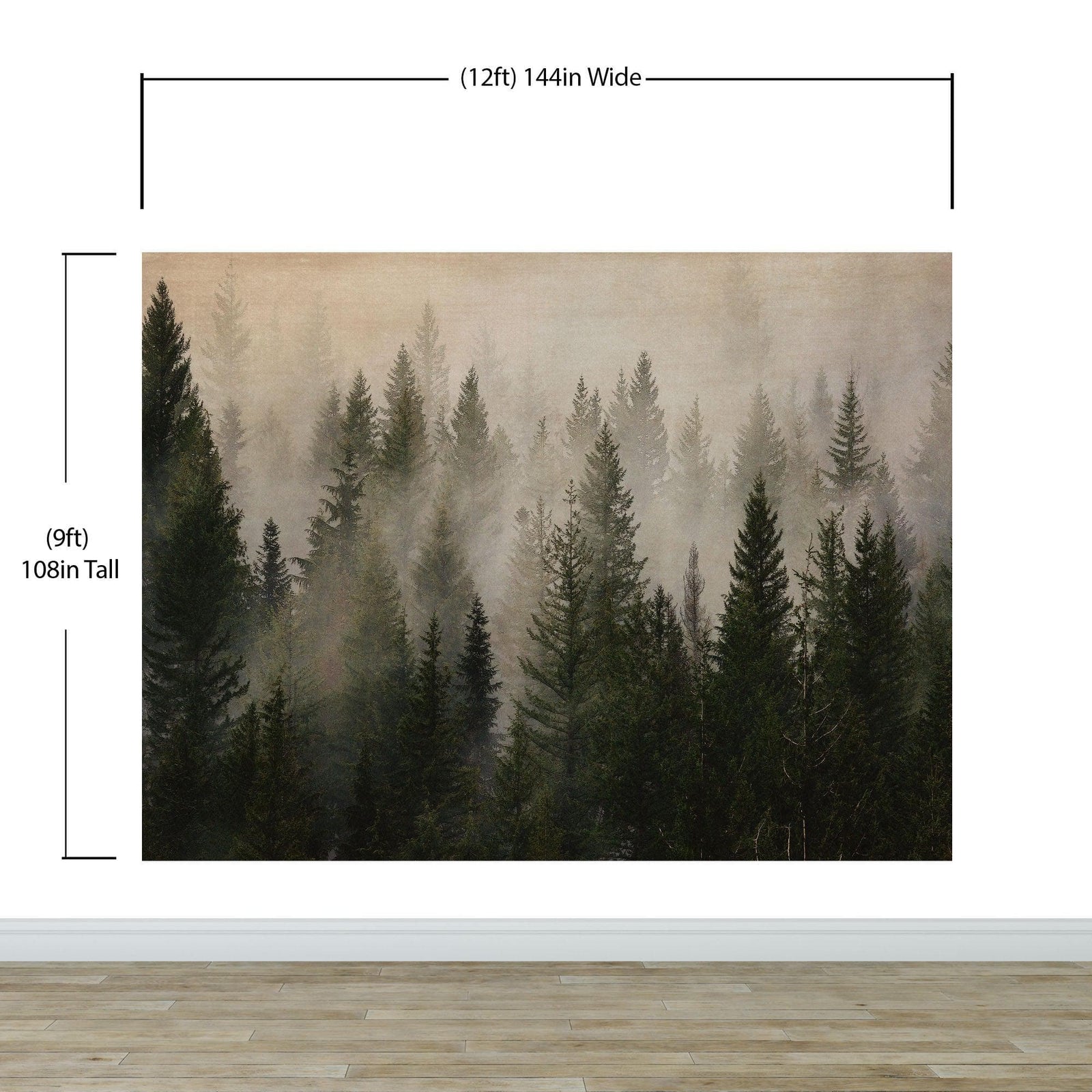 Papel tapiz con paisaje de bosque de pinos brumoso. Mural de pared autoadhesivo para decoración de pared de habitación infantil. N.º 6237