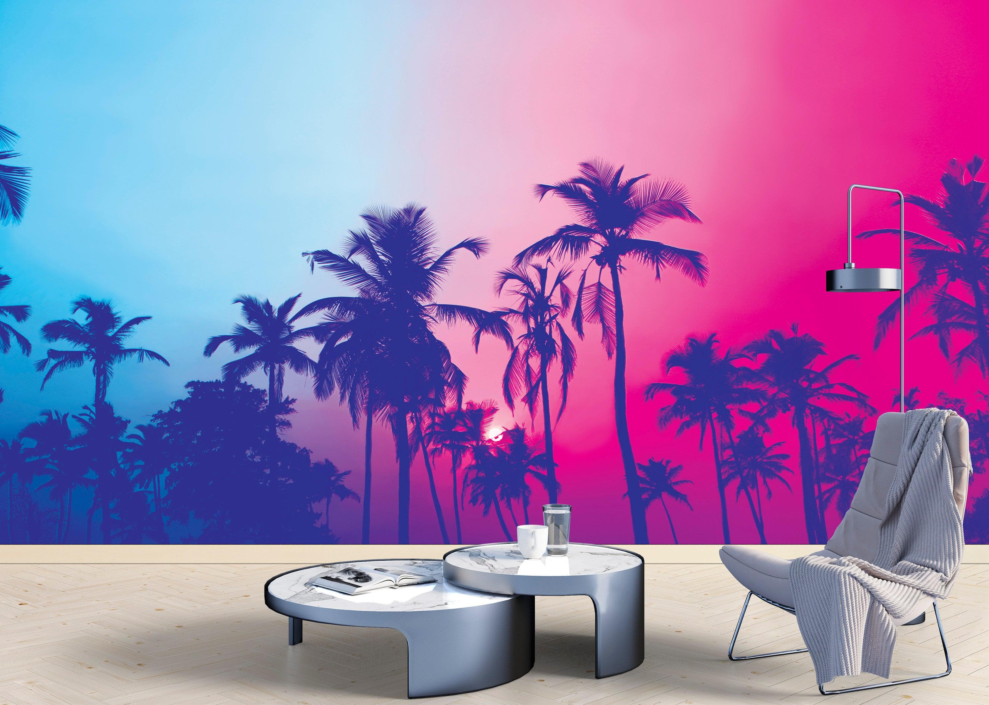 Mural de pared Miami Tropical Palm Tree Vice Color. Colores vivos Miami Vice Blue y Fucsia. #6281