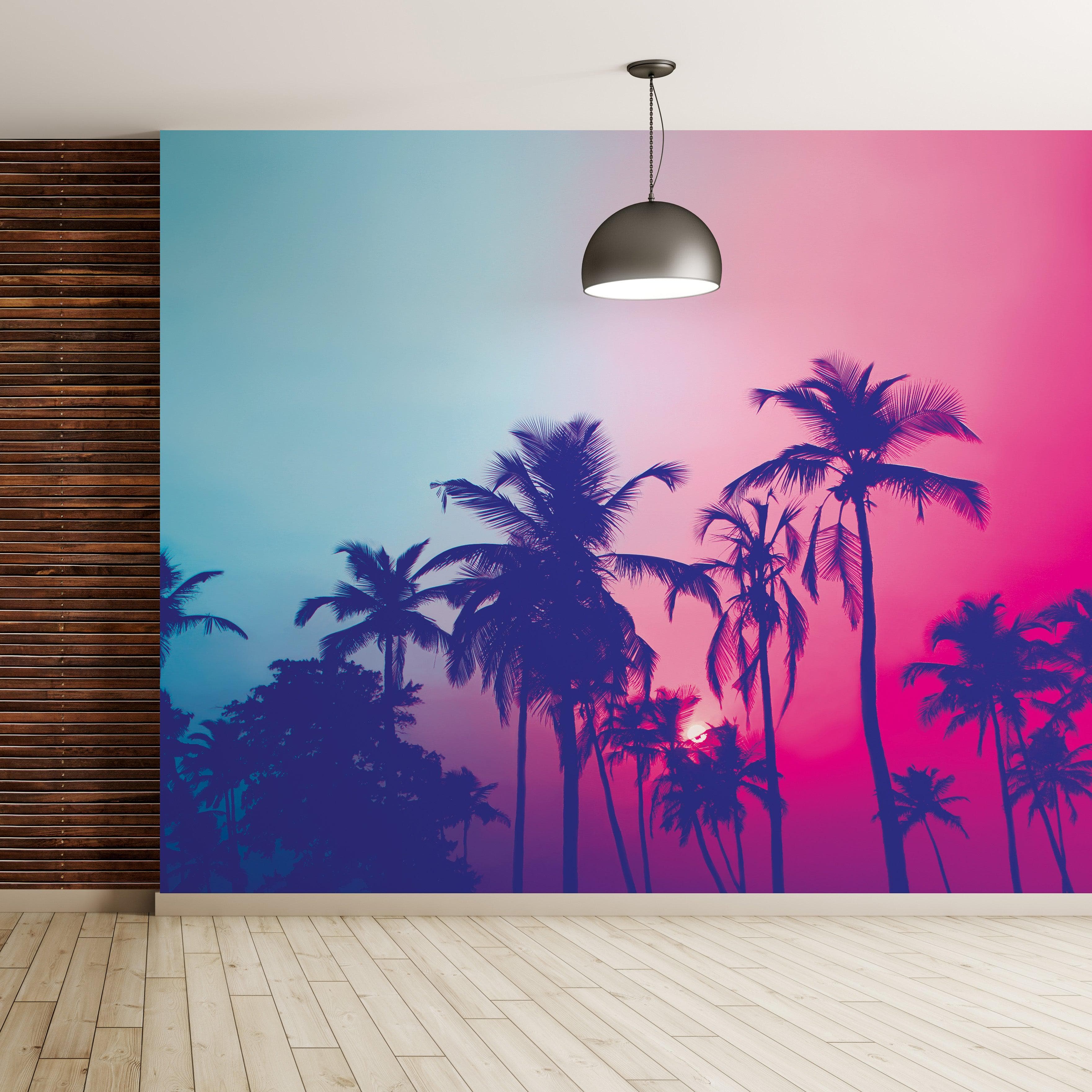 Mural de pared Miami Tropical Palm Tree Vice Color. Colores vivos Miami Vice Blue y Fucsia. #6281