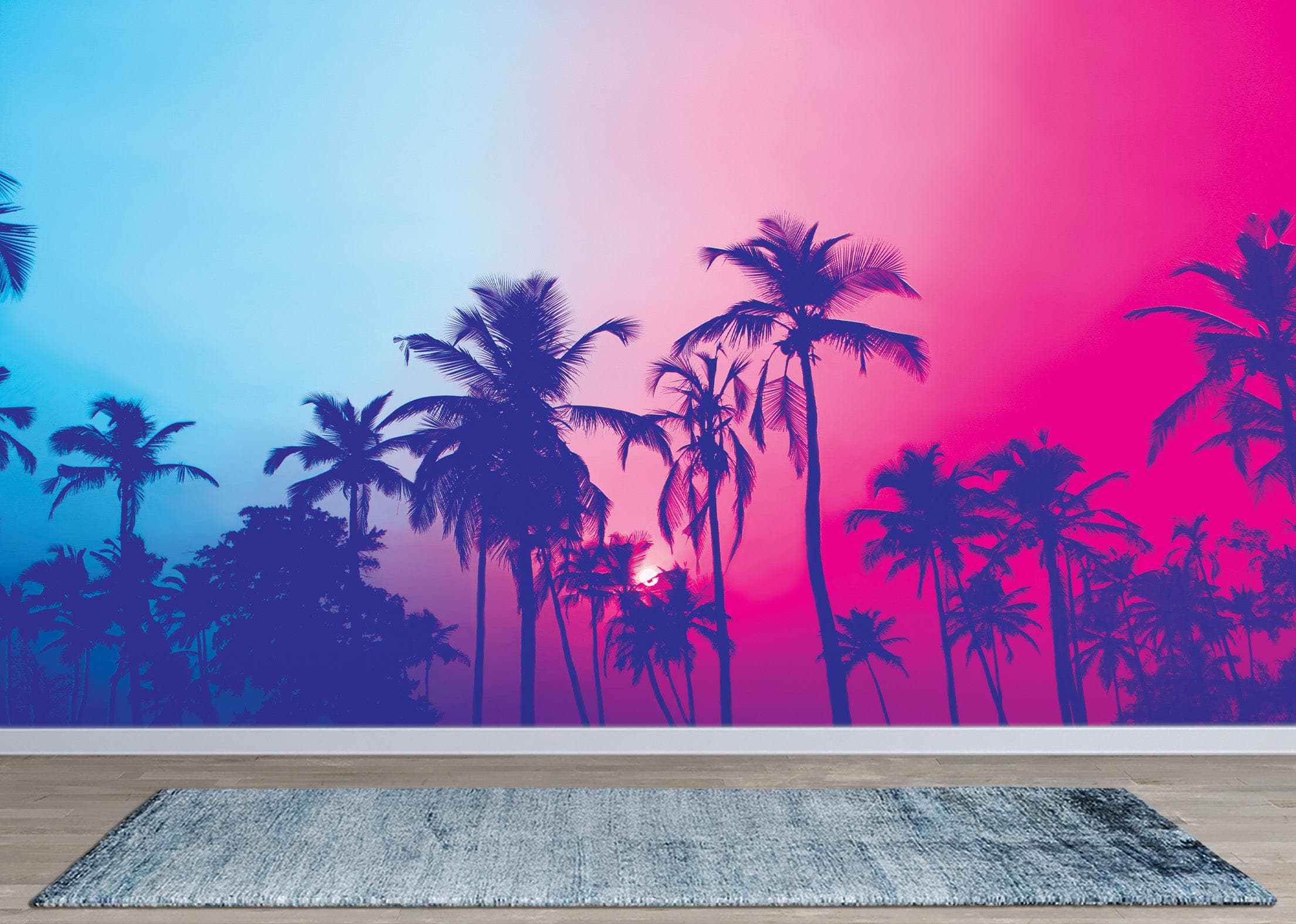Mural de pared Miami Tropical Palm Tree Vice Color. Colores vivos Miami Vice Blue y Fucsia. #6281