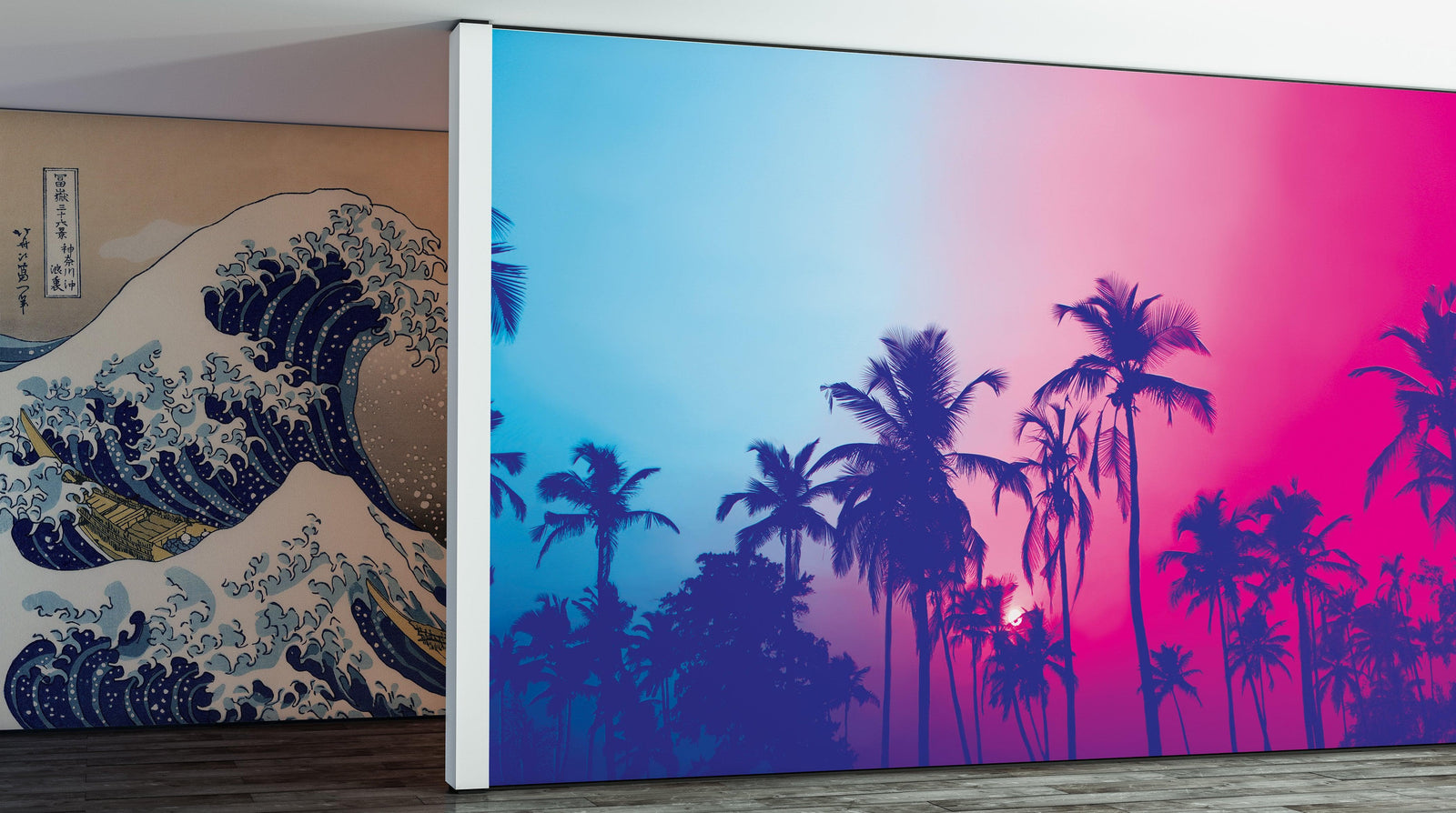 Mural de pared Miami Tropical Palm Tree Vice Color. Colores vivos Miami Vice Blue y Fucsia. #6281