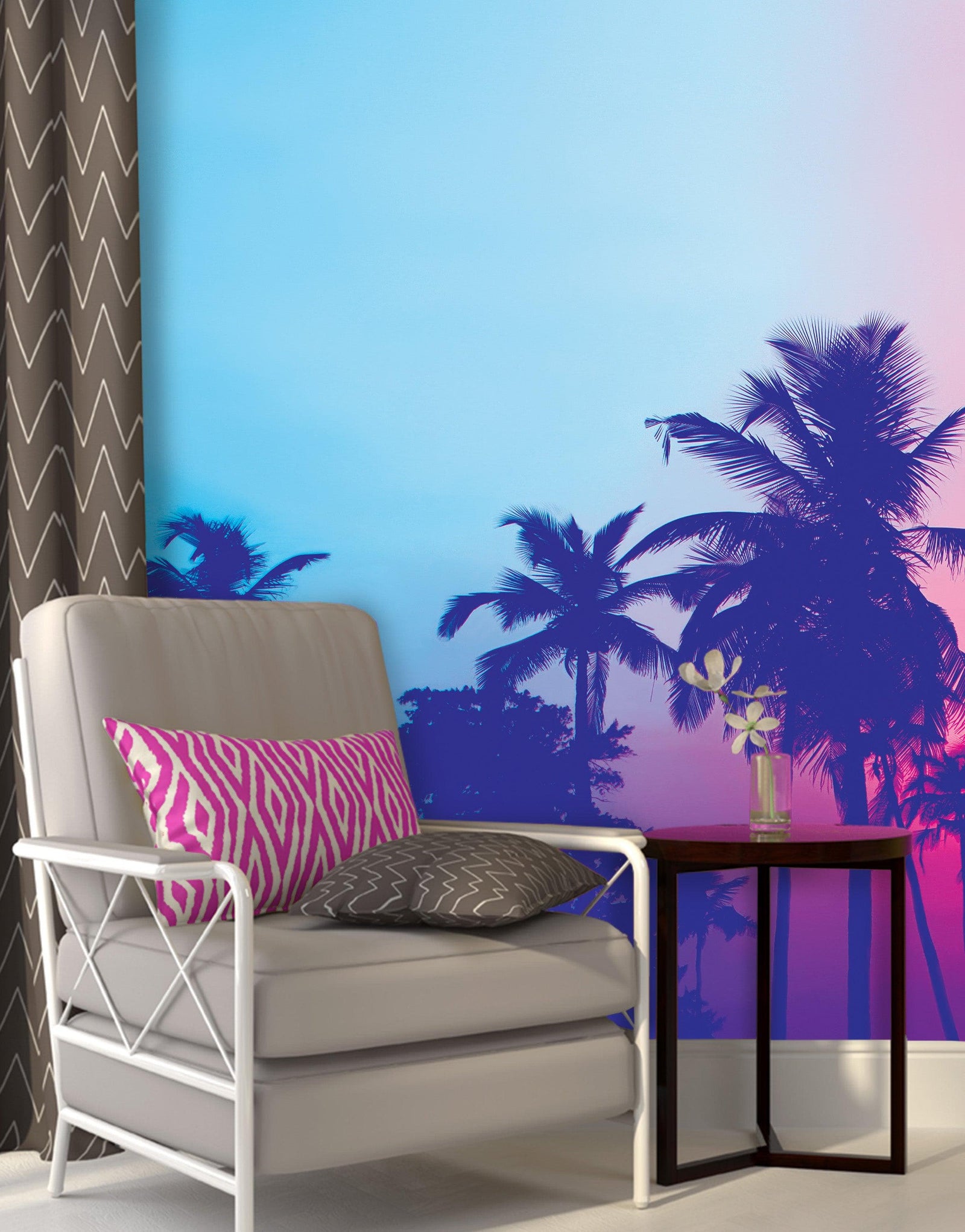 Mural de pared Miami Tropical Palm Tree Vice Color. Colores vivos Miami Vice Blue y Fucsia. #6281