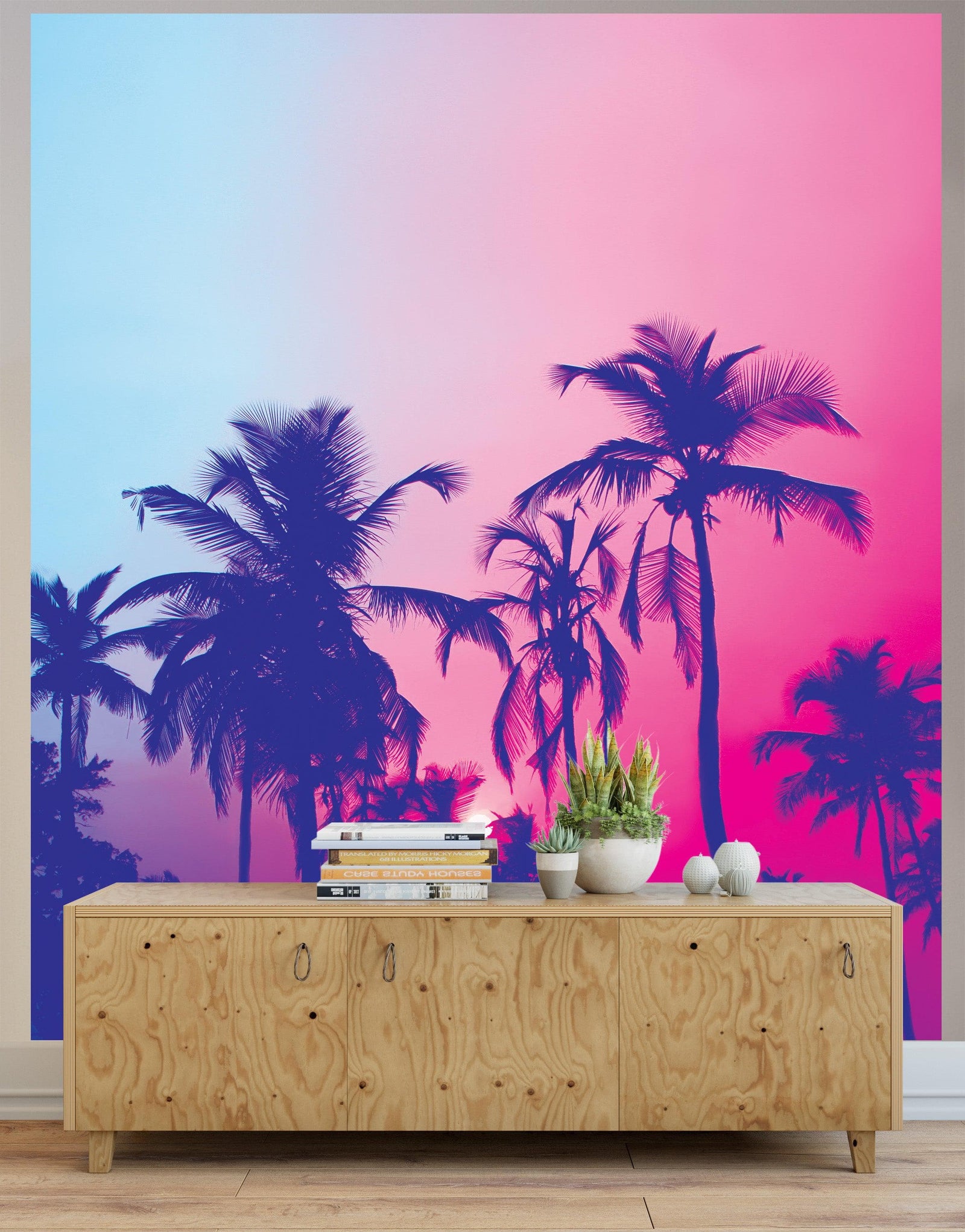 Mural de pared Miami Tropical Palm Tree Vice Color. Colores vivos Miami Vice Blue y Fucsia. #6281