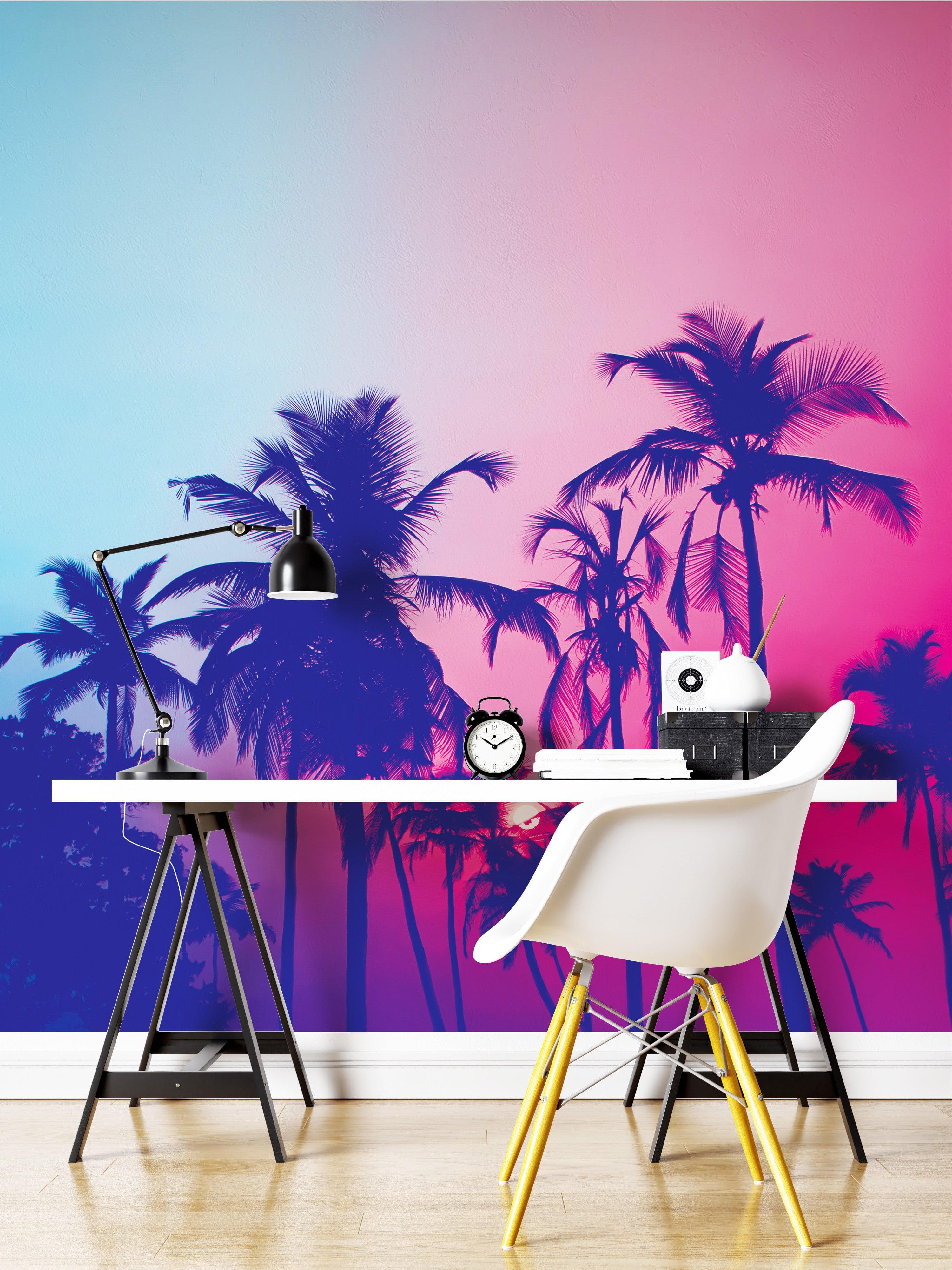 Mural de pared Miami Tropical Palm Tree Vice Color. Colores vivos Miami Vice Blue y Fucsia. #6281