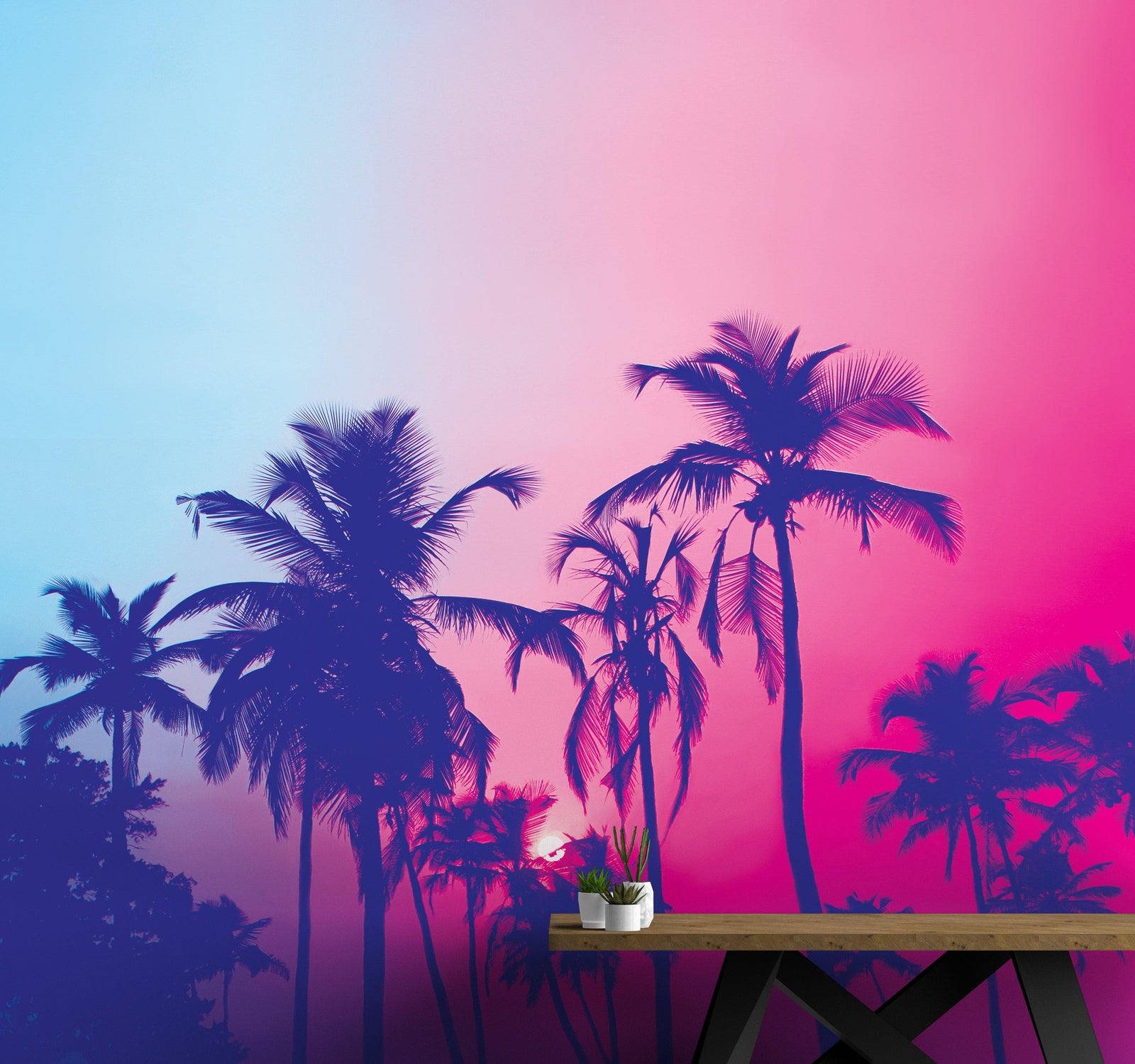 Mural de pared Miami Tropical Palm Tree Vice Color. Colores vivos Miami Vice Blue y Fucsia. #6281