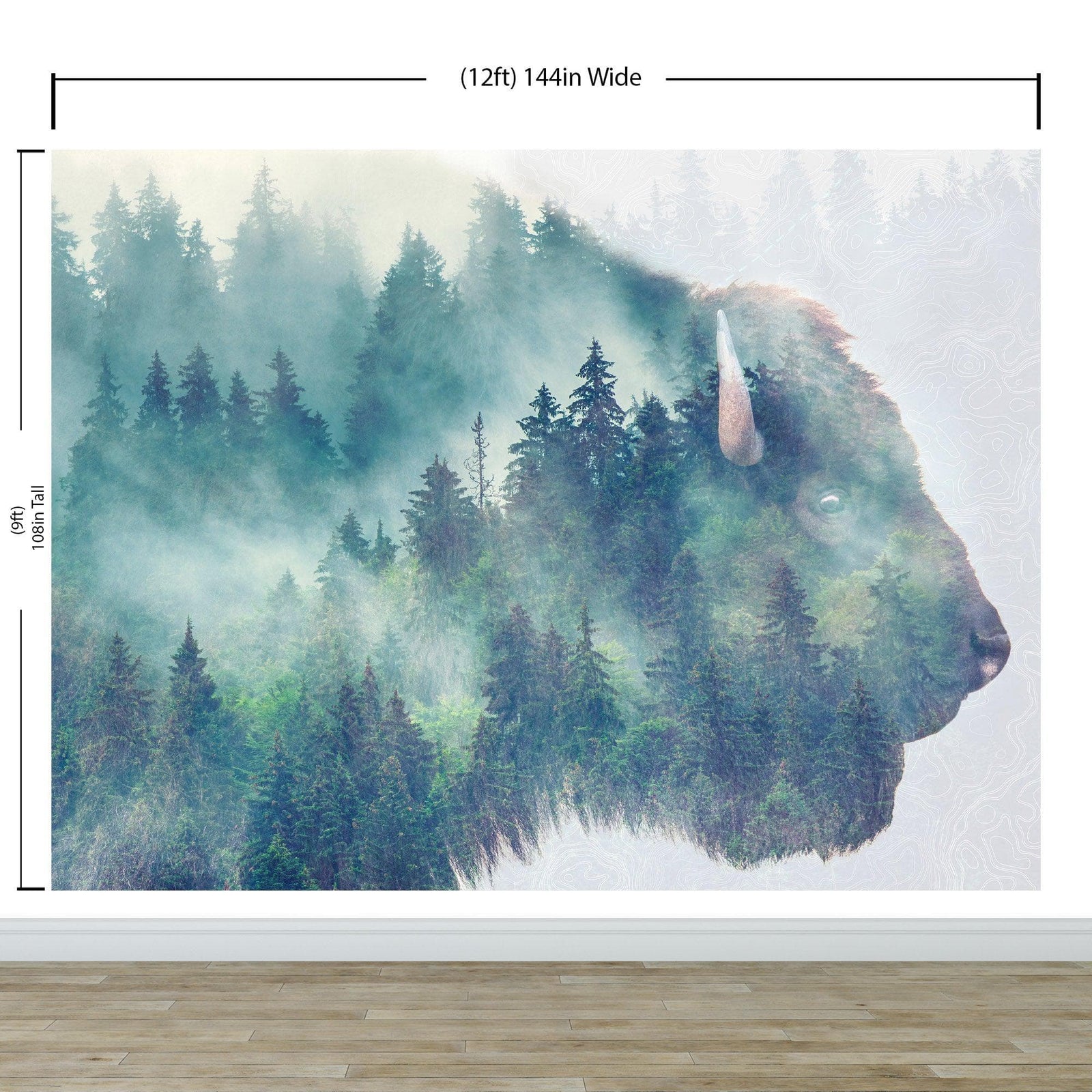 Mural de pared con paisaje natural, vista de bosque de montaña brumoso con superposición de bisontes y búfalos, n.° 6282.