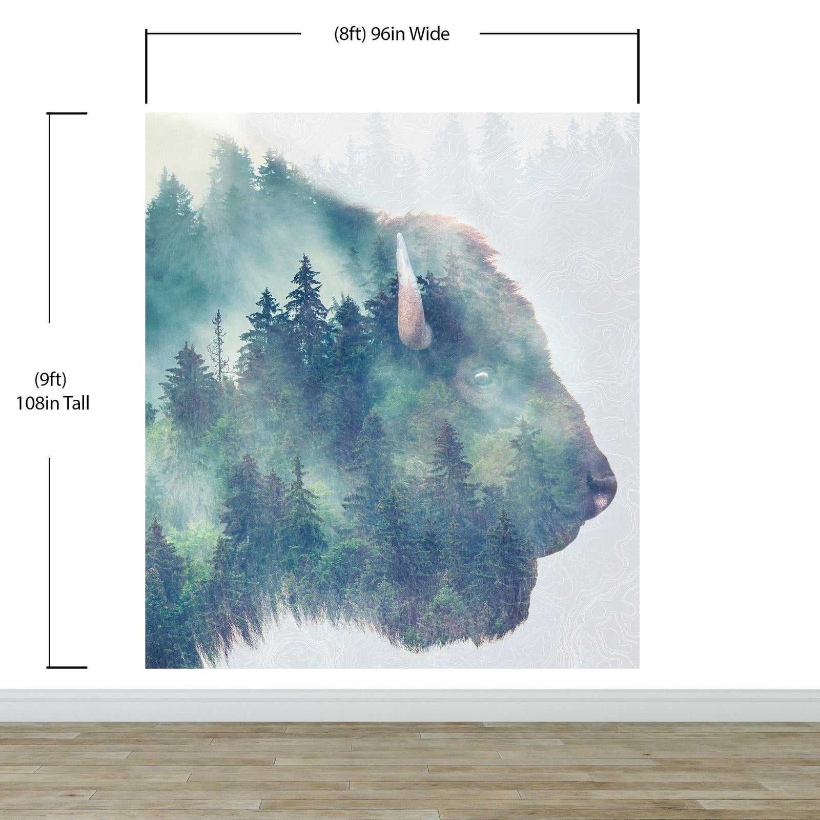 Mural de pared con paisaje natural, vista de bosque de montaña brumoso con superposición de bisontes y búfalos, n.° 6282.