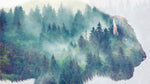 Mural de pared con paisaje natural, vista de bosque de montaña brumoso con superposición de bisontes y búfalos, n.° 6282.
