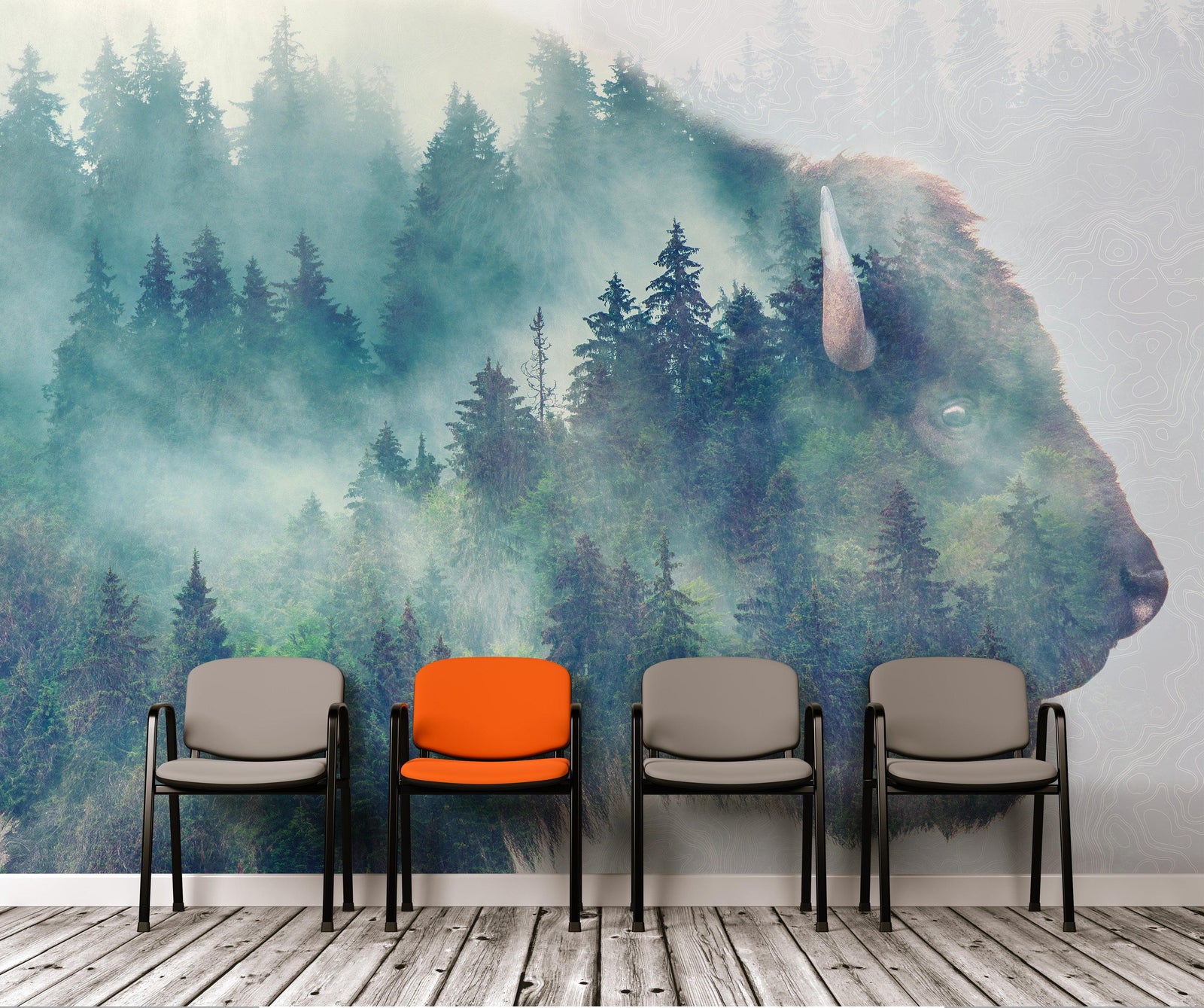 Mural de pared con paisaje natural, vista de bosque de montaña brumoso con superposición de bisontes y búfalos, n.° 6282.