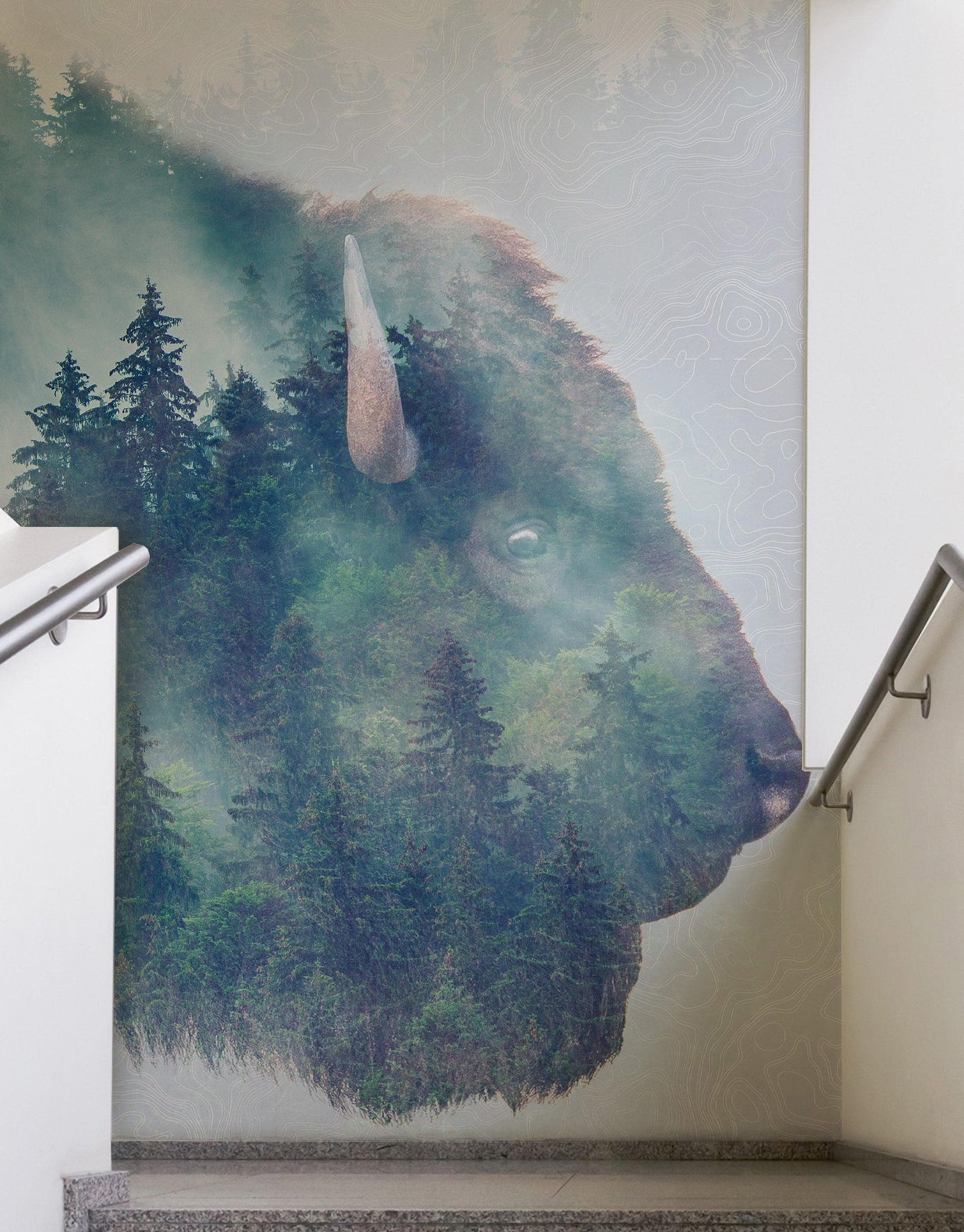 Mural de pared con paisaje natural, vista de bosque de montaña brumoso con superposición de bisontes y búfalos, n.° 6282.