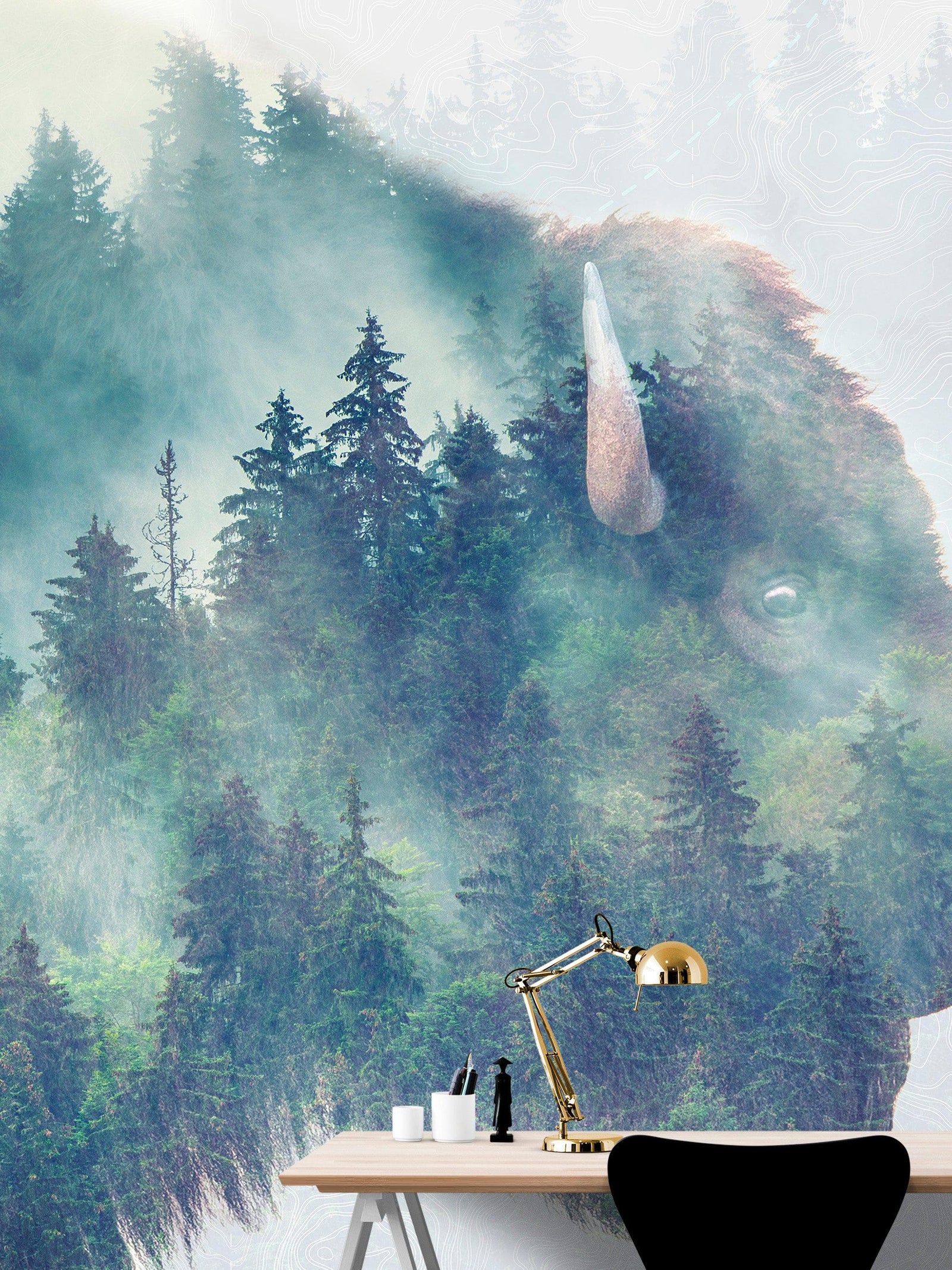 Mural de pared con paisaje natural, vista de bosque de montaña brumoso con superposición de bisontes y búfalos, n.° 6282.