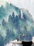 Mural de pared con paisaje natural, vista de bosque de montaña brumoso con superposición de bisontes y búfalos, n.° 6282.
