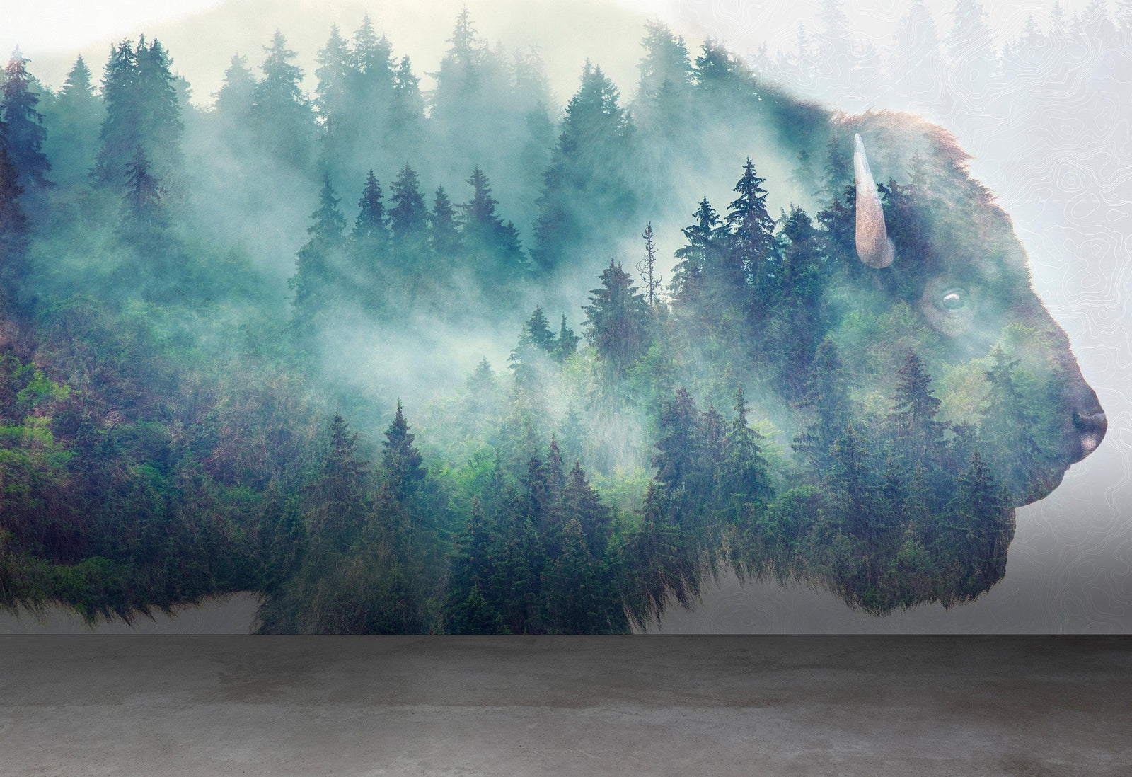 Mural de pared con paisaje natural, vista de bosque de montaña brumoso con superposición de bisontes y búfalos, n.° 6282.