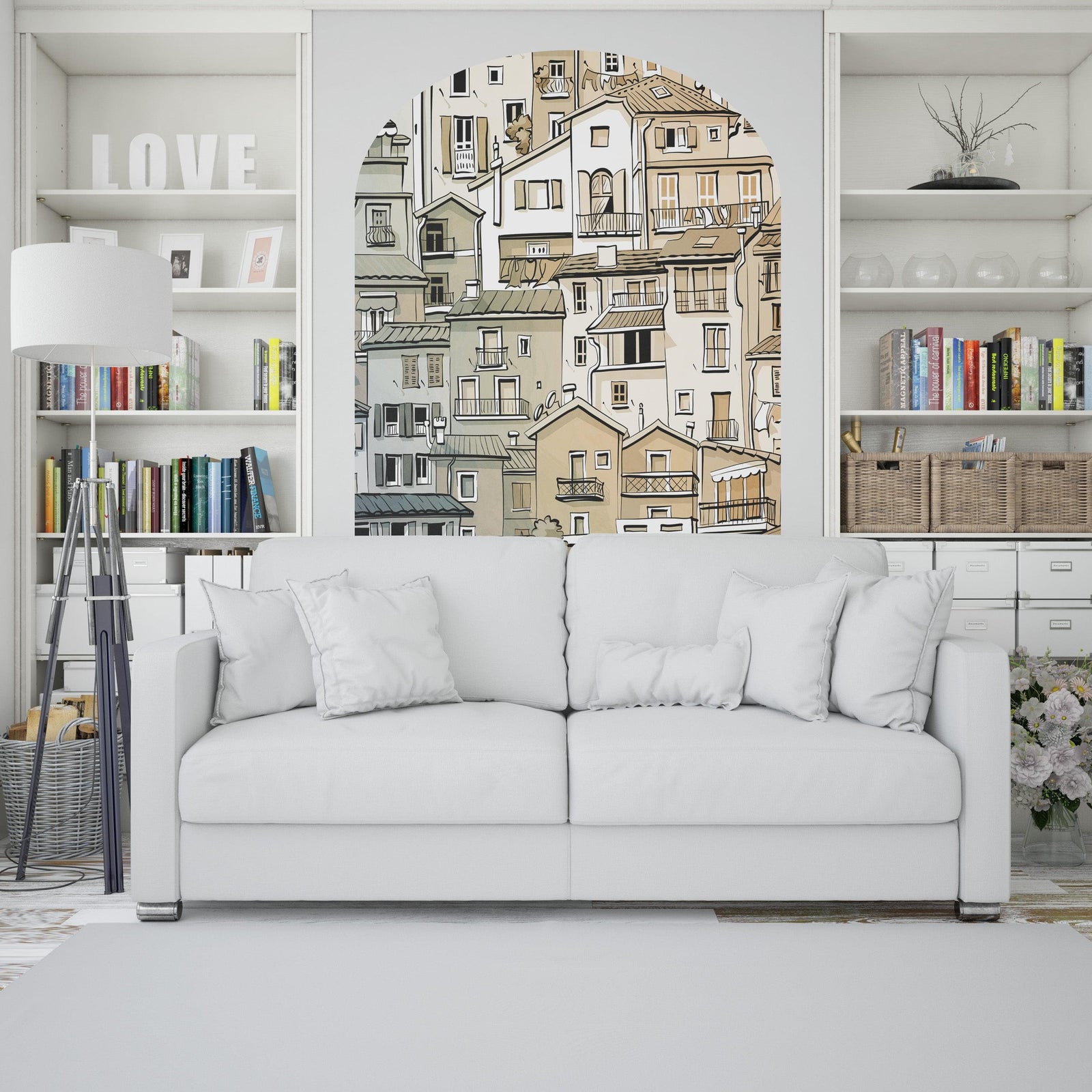 Calcomanía de pared para puerta con arco. Calcomanía de pared con arco de un pequeño pueblo con encanto europeo. Gráfico extraíble. #6293