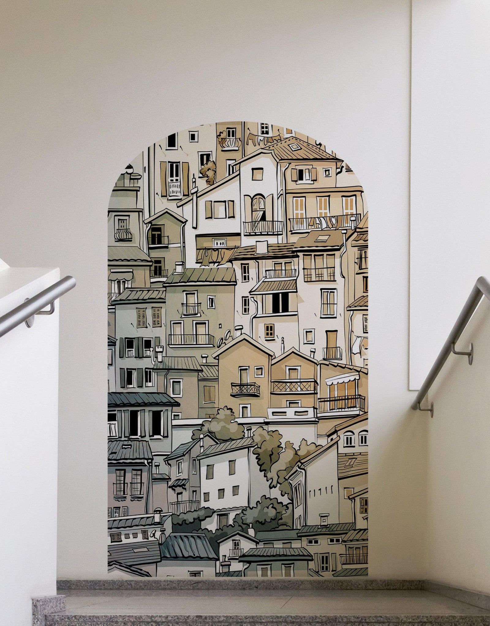 Calcomanía de pared para puerta con arco. Calcomanía de pared con arco de un pequeño pueblo con encanto europeo. Gráfico extraíble. #6293