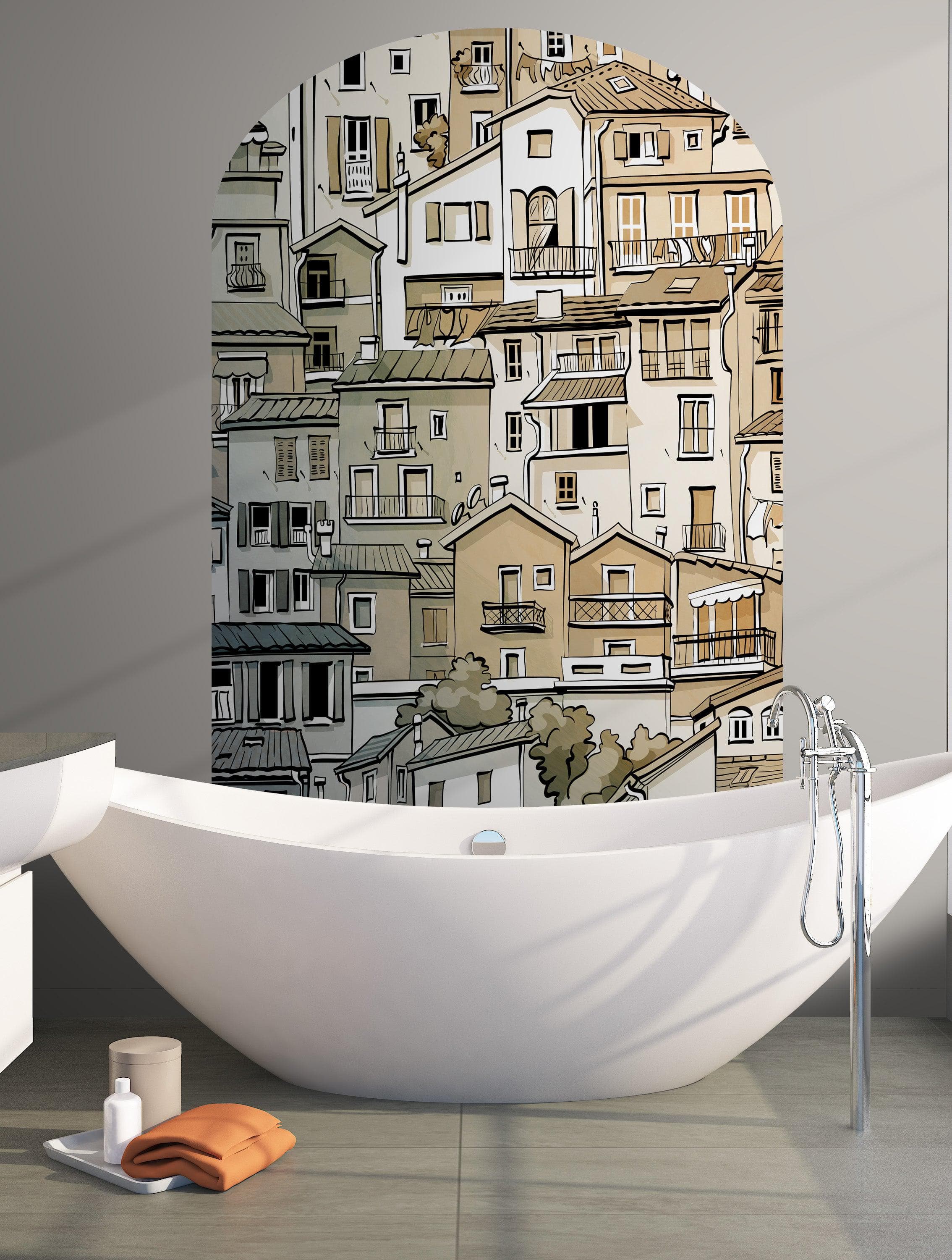 Calcomanía de pared para puerta con arco. Calcomanía de pared con arco de un pequeño pueblo con encanto europeo. Gráfico extraíble. #6293