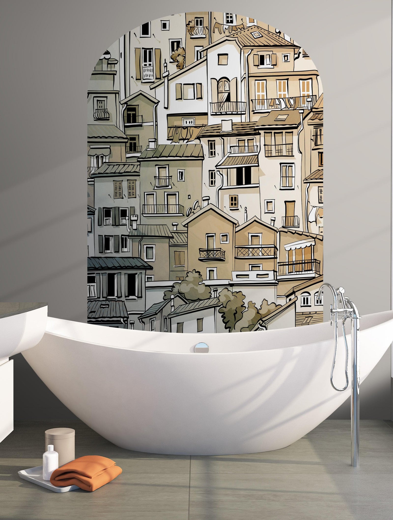 Calcomanía de pared para puerta con arco. Calcomanía de pared con arco de un pequeño pueblo con encanto europeo. Gráfico extraíble. #6293