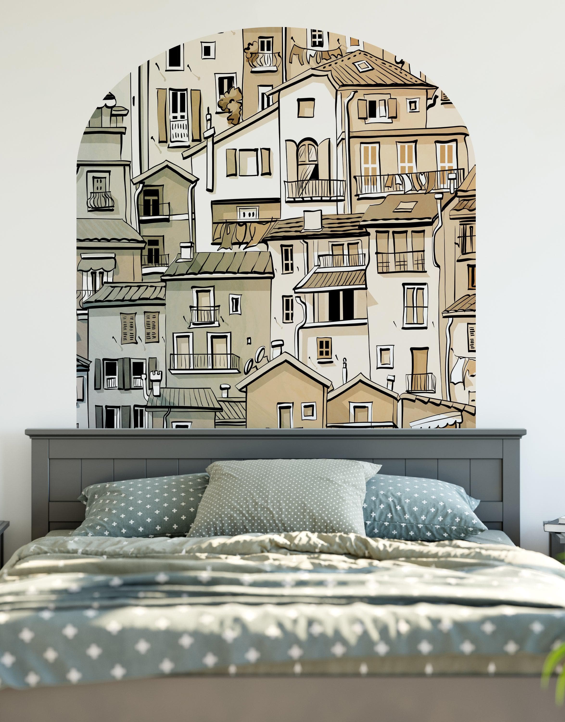 Calcomanía de pared para puerta con arco. Calcomanía de pared con arco de un pequeño pueblo con encanto europeo. Gráfico extraíble. #6293