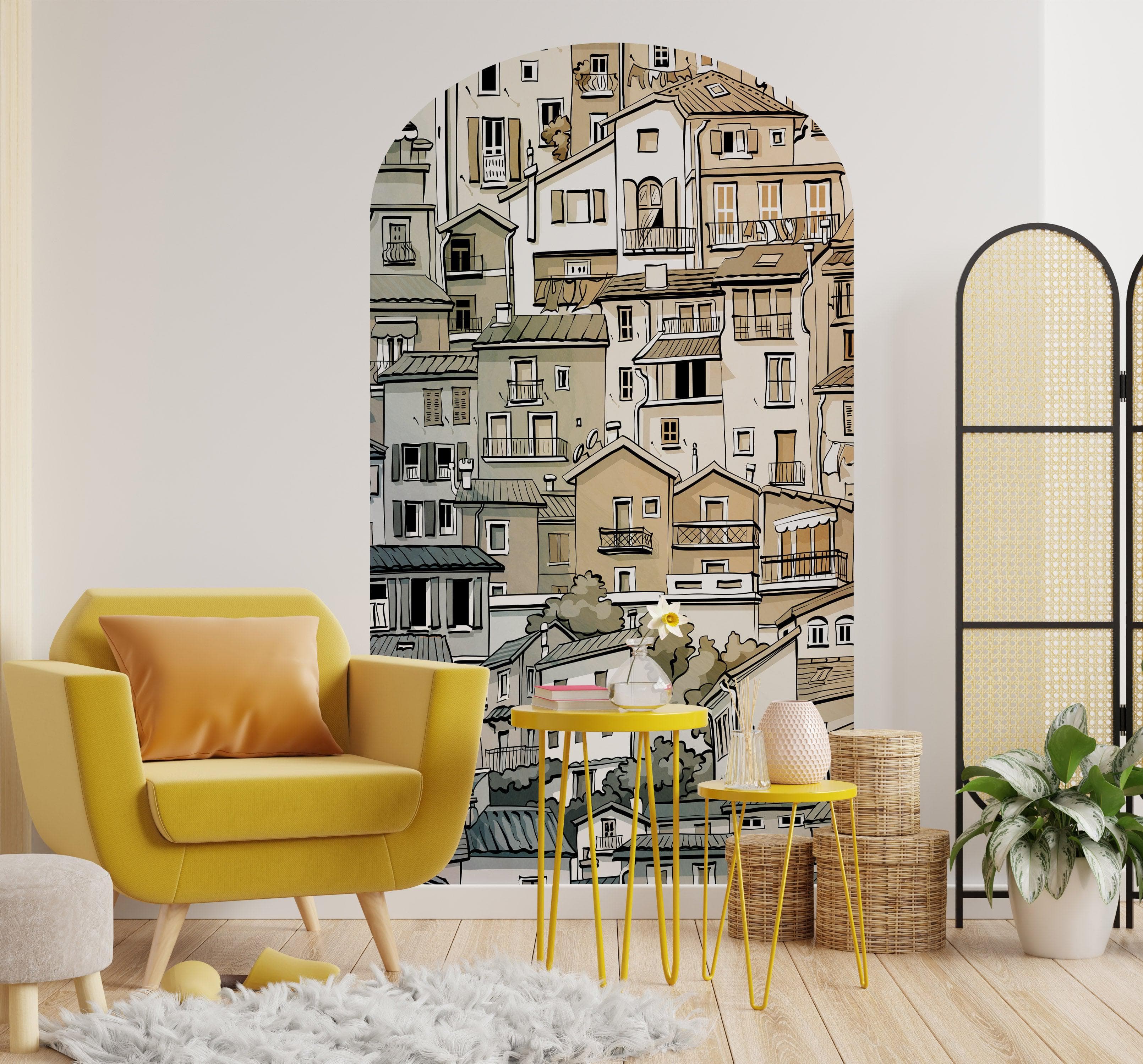 Calcomanía de pared para puerta con arco. Calcomanía de pared con arco de un pequeño pueblo con encanto europeo. Gráfico extraíble. #6293