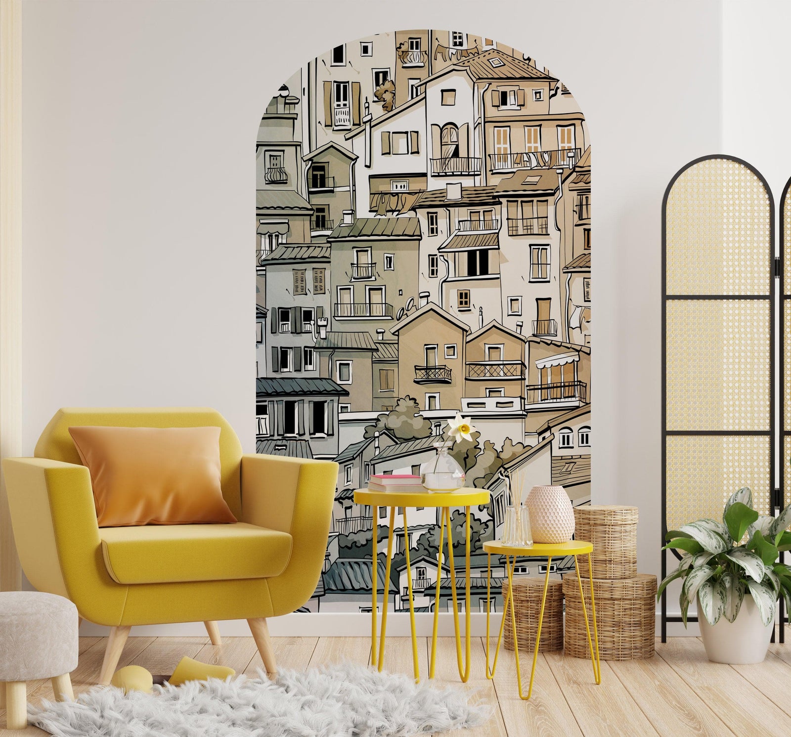 Calcomanía de pared para puerta con arco. Calcomanía de pared con arco de un pequeño pueblo con encanto europeo. Gráfico extraíble. #6293