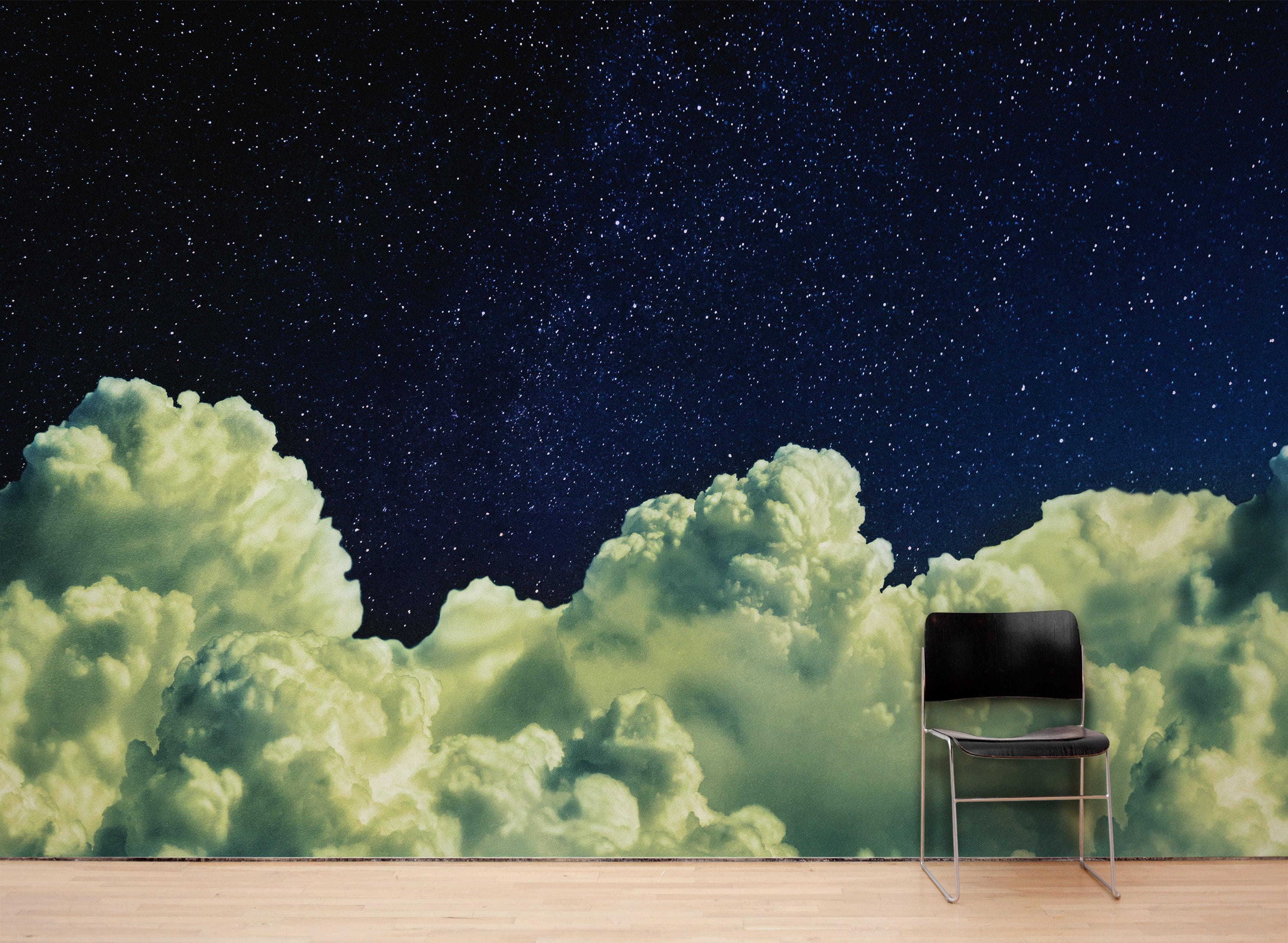 Mural de pared con una noche nublada de ensueño entre las estrellas. Cielo nocturno abstracto, estrellas y nubes. Papel tapiz autoadhesivo. N.º 6300